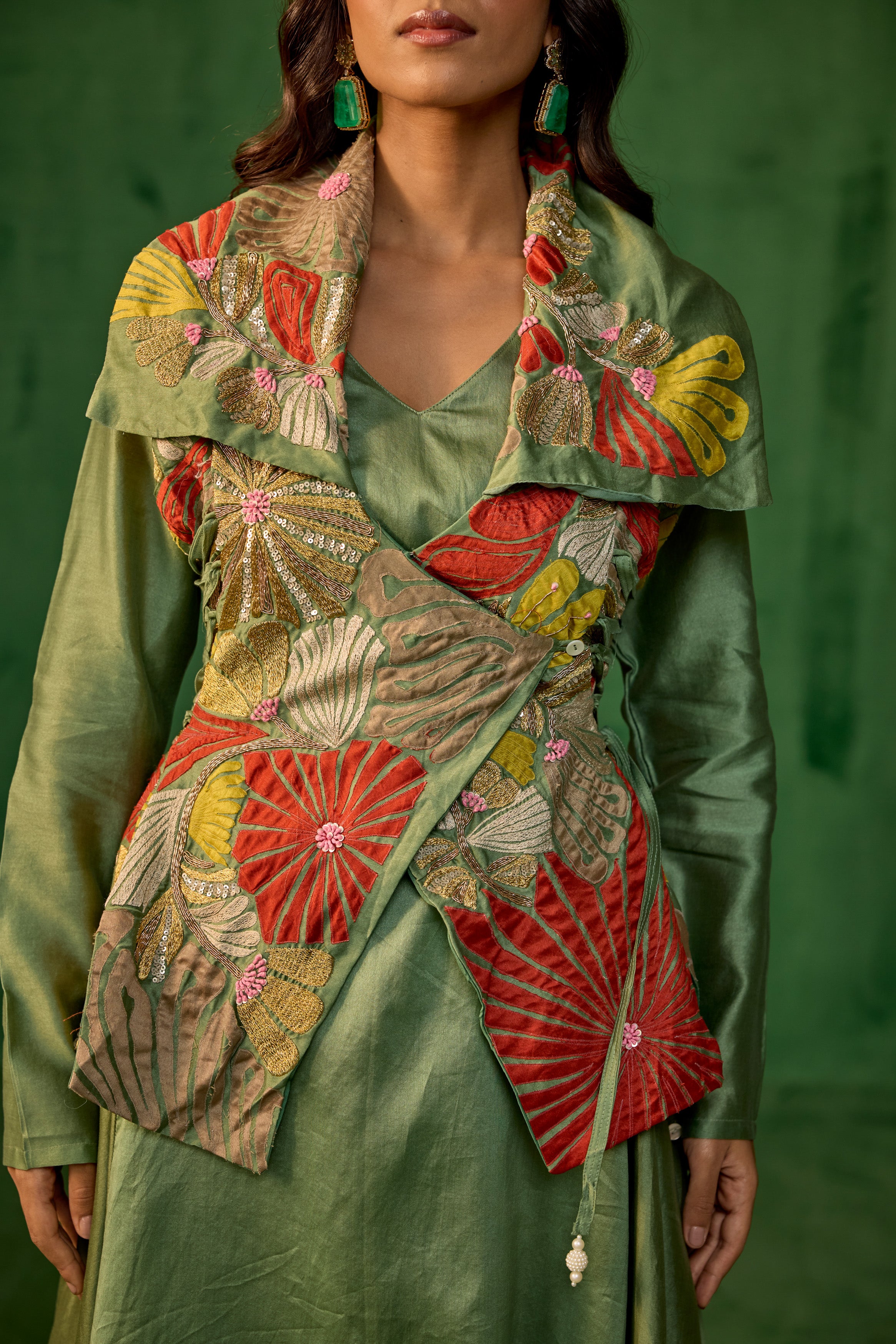 Pistachio Green Embellished Raw Silk Tunic Set