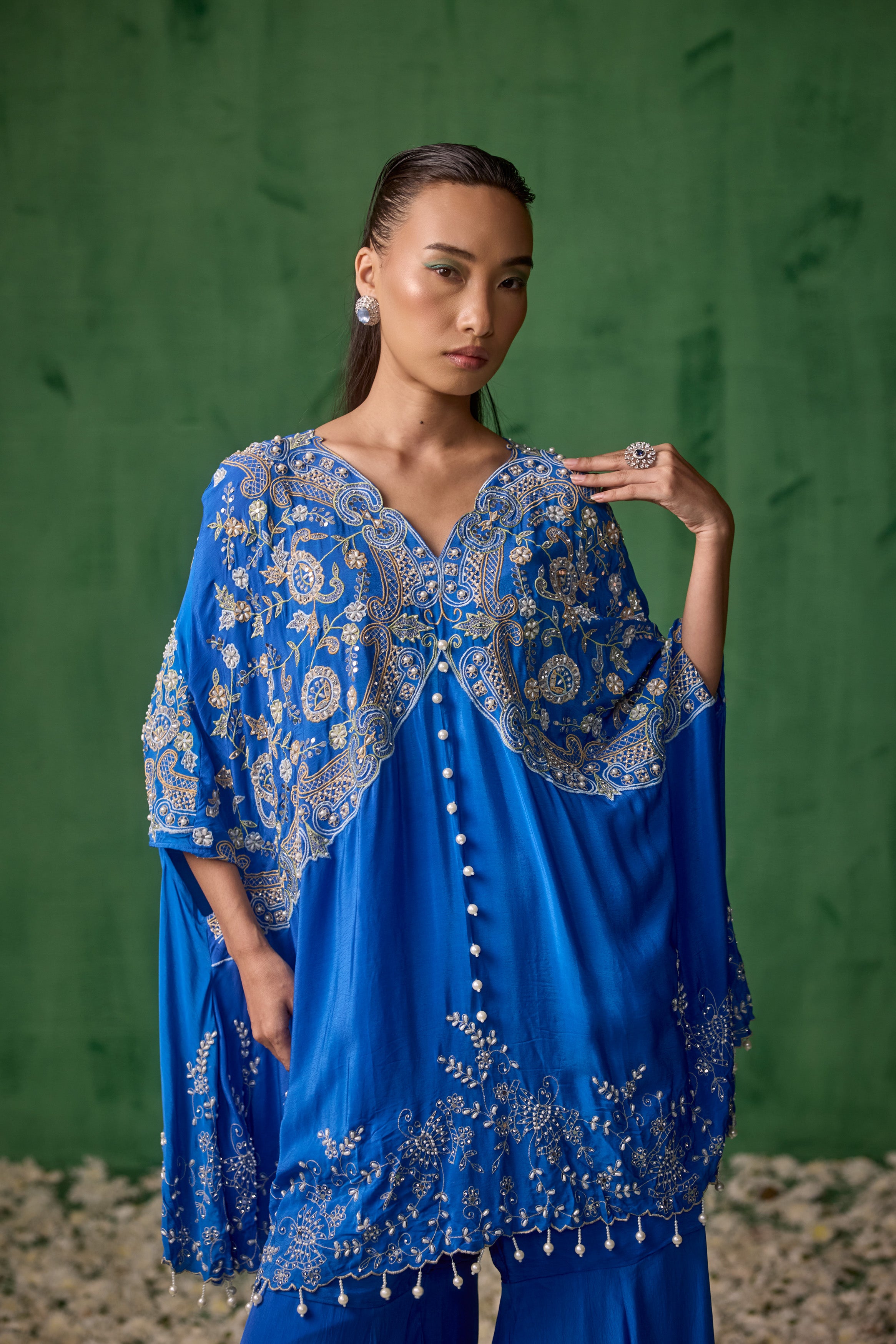 Electric Blue Embellished Chinon Silk Kaftan Set