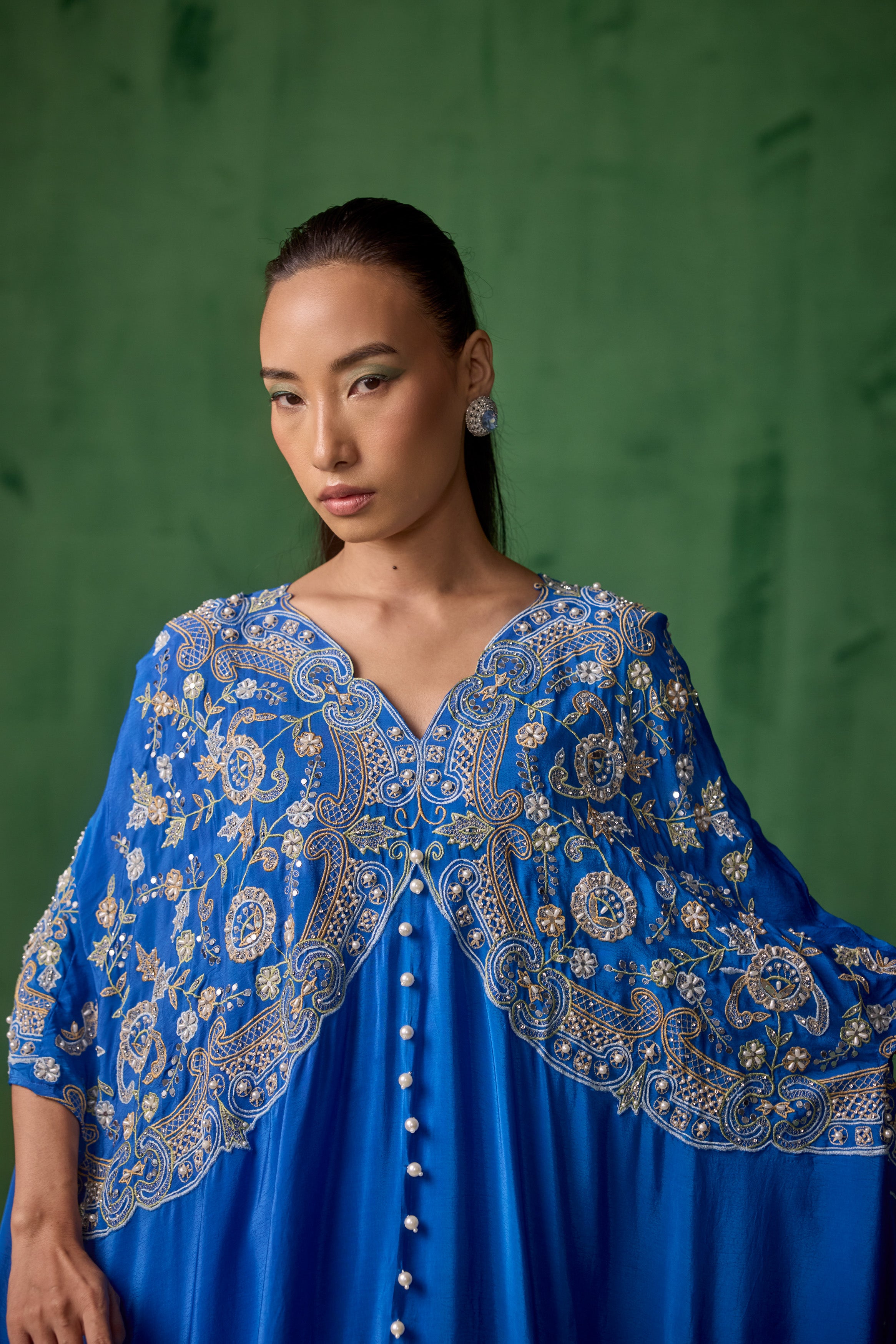 Electric Blue Embellished Chinon Silk Kaftan Set