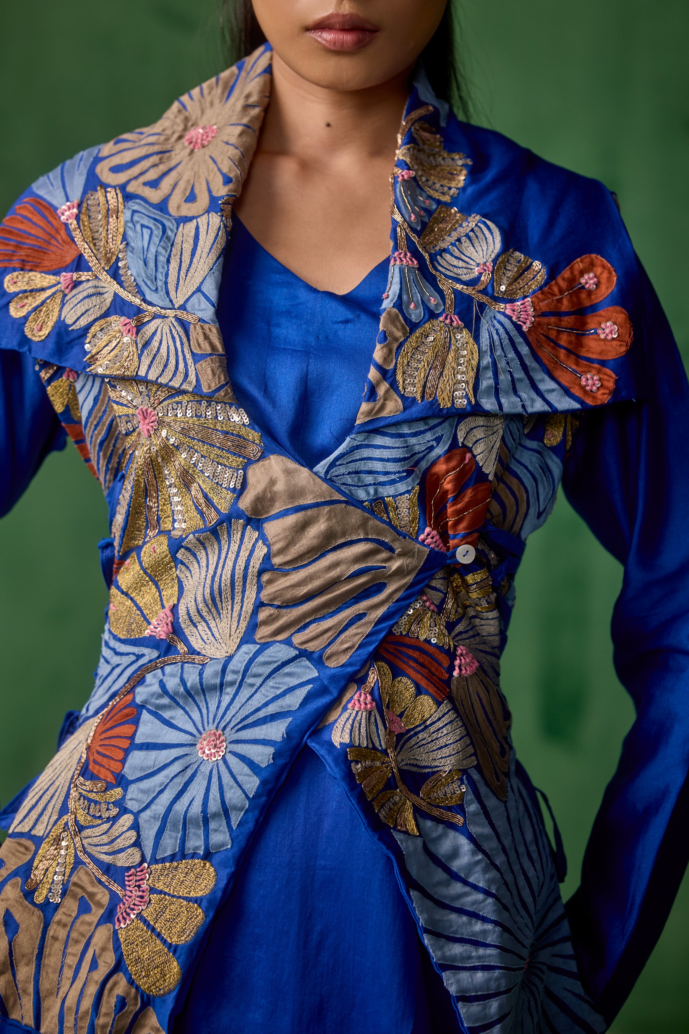 Cobalt Blue Embellished Raw Silk Tunic Set