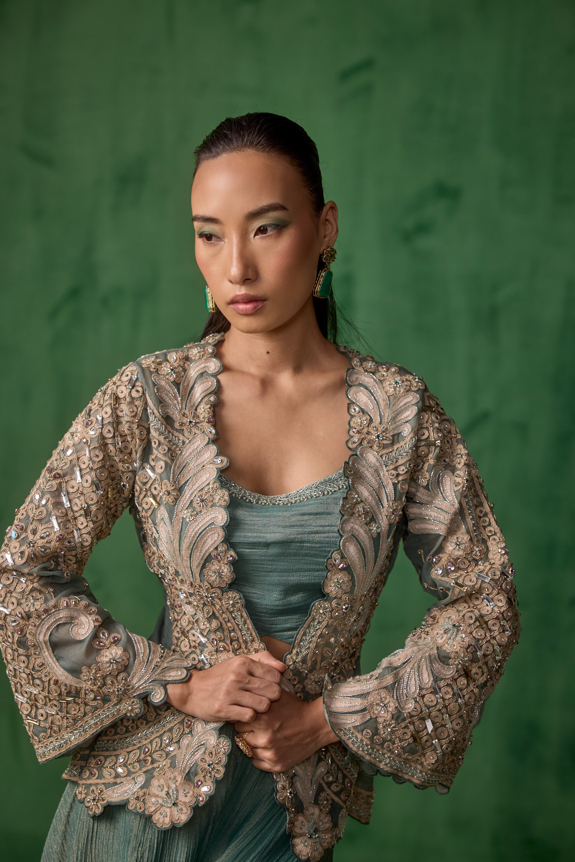 Sage Green Embellished Shimmer Crush Silk Palazzo Set