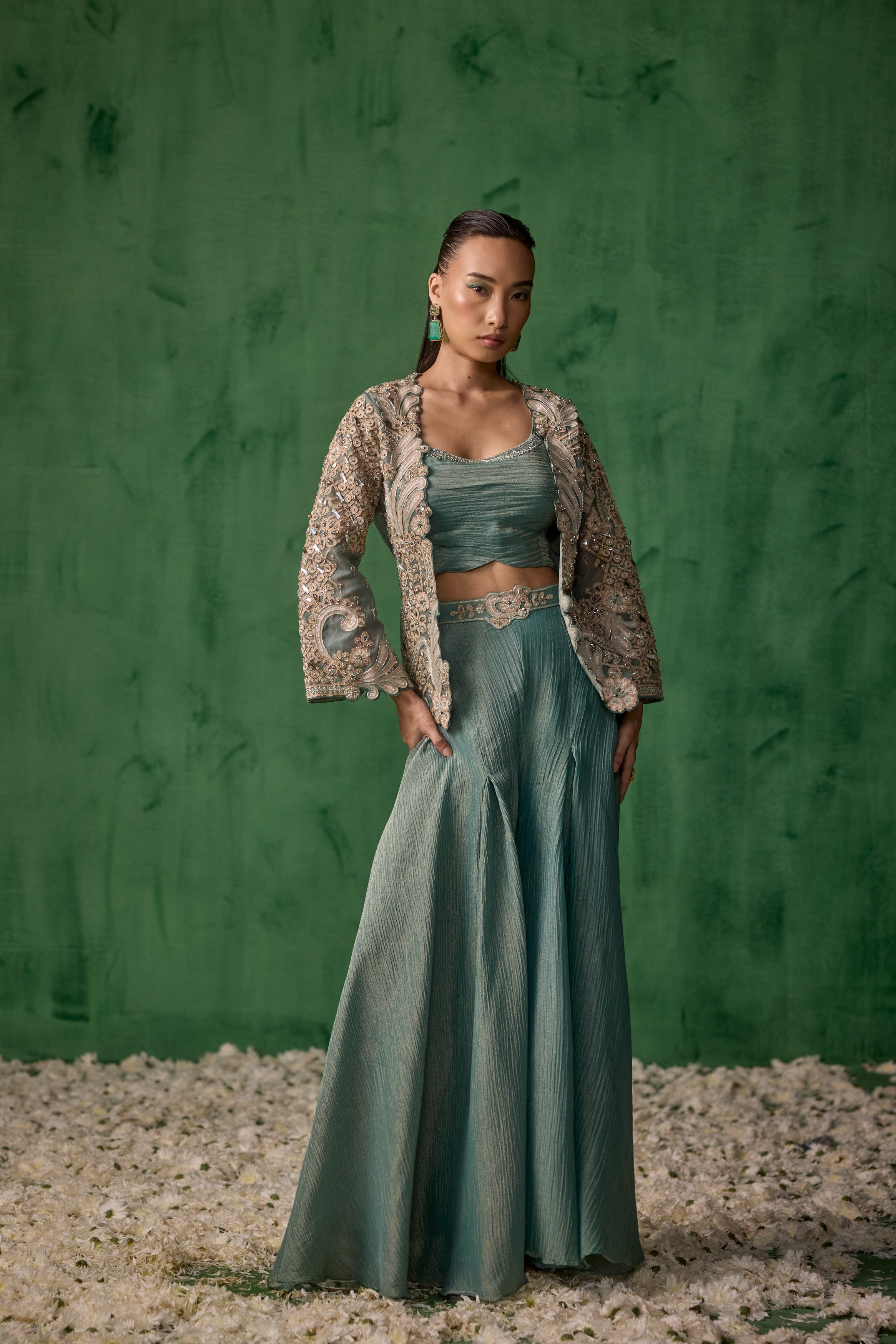 Sage Green Embellished Shimmer Crush Silk Palazzo Set