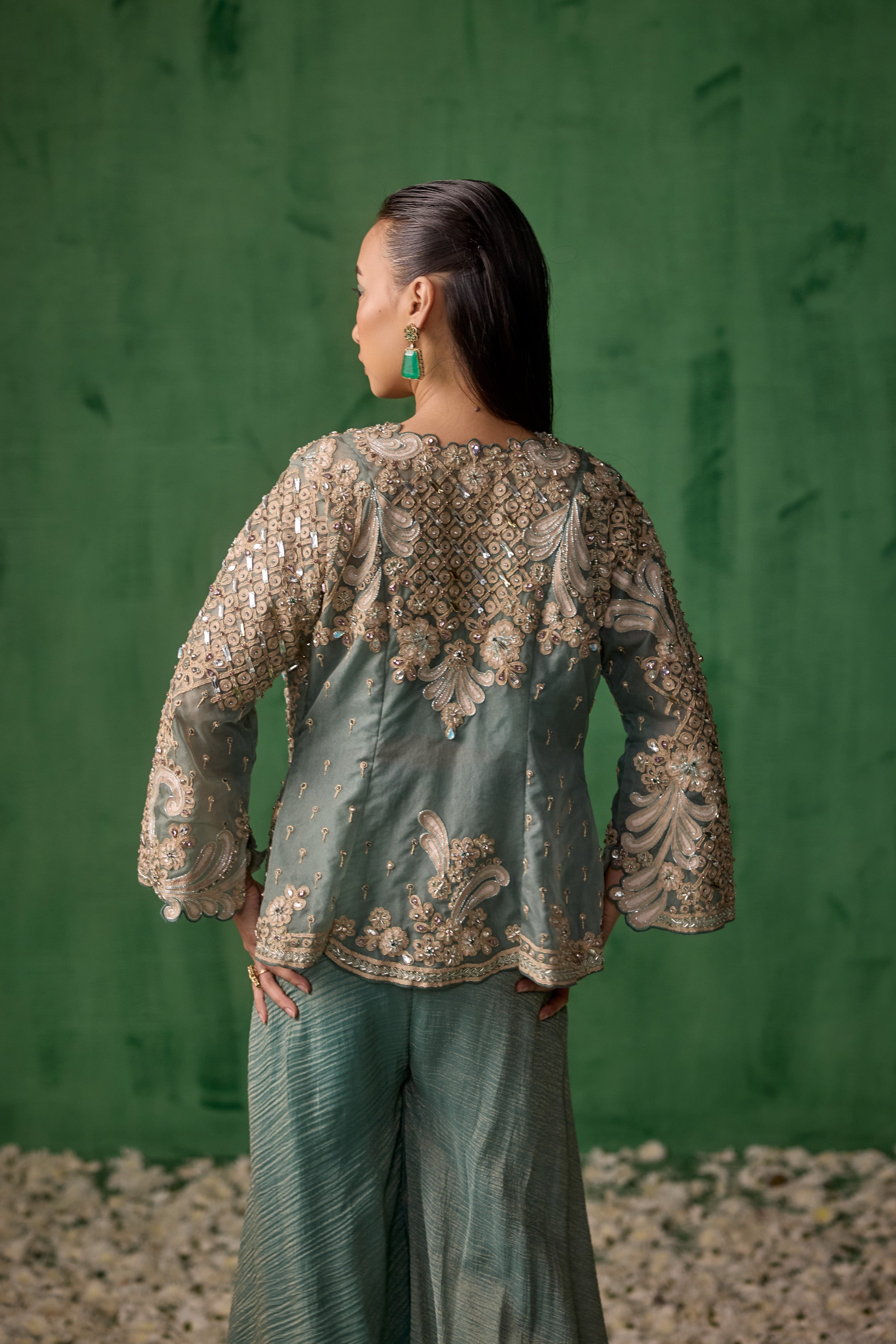 Sage Green Embellished Shimmer Crush Silk Palazzo Set