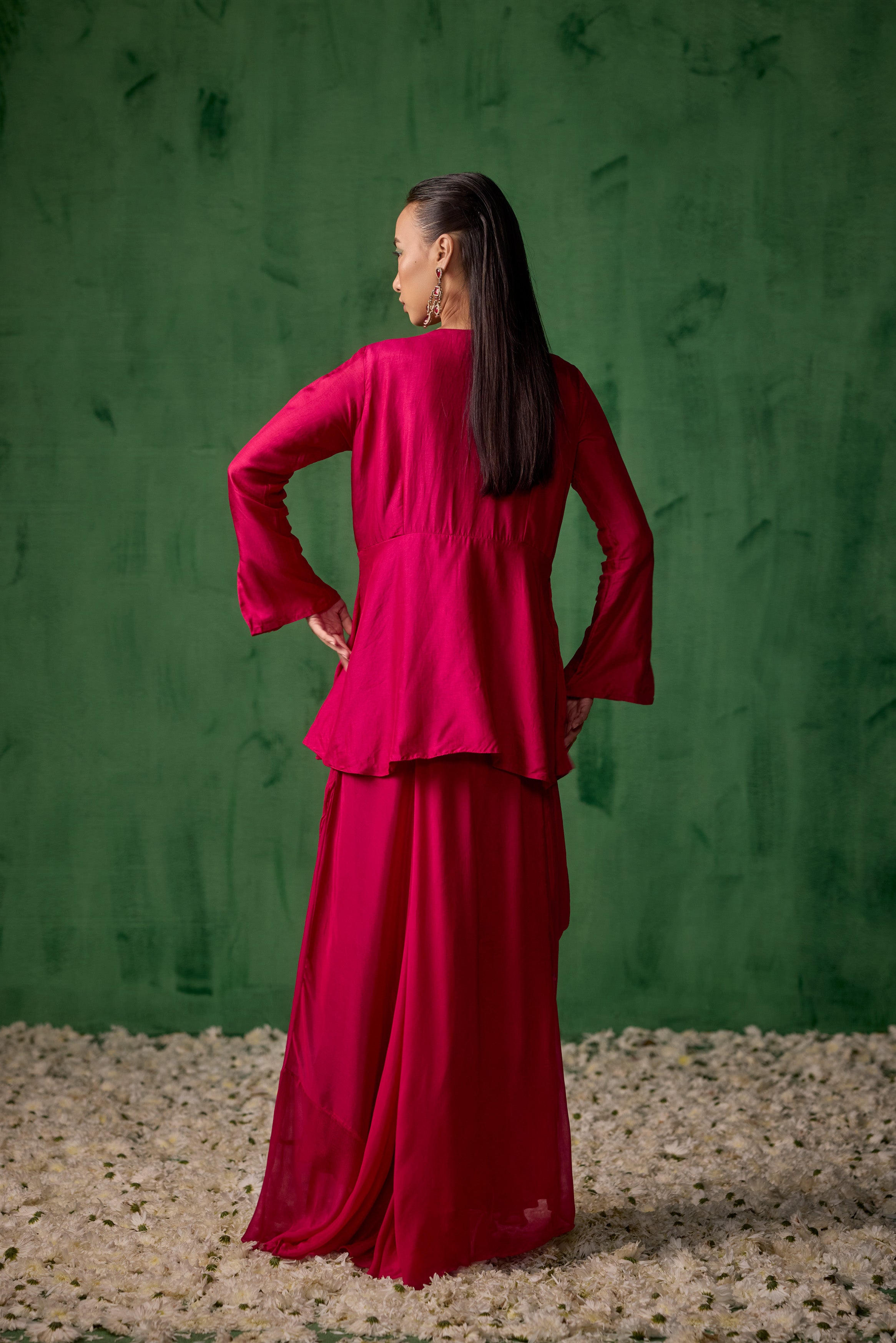 Magenta Pink Embellished Premium Silk Skirt Set