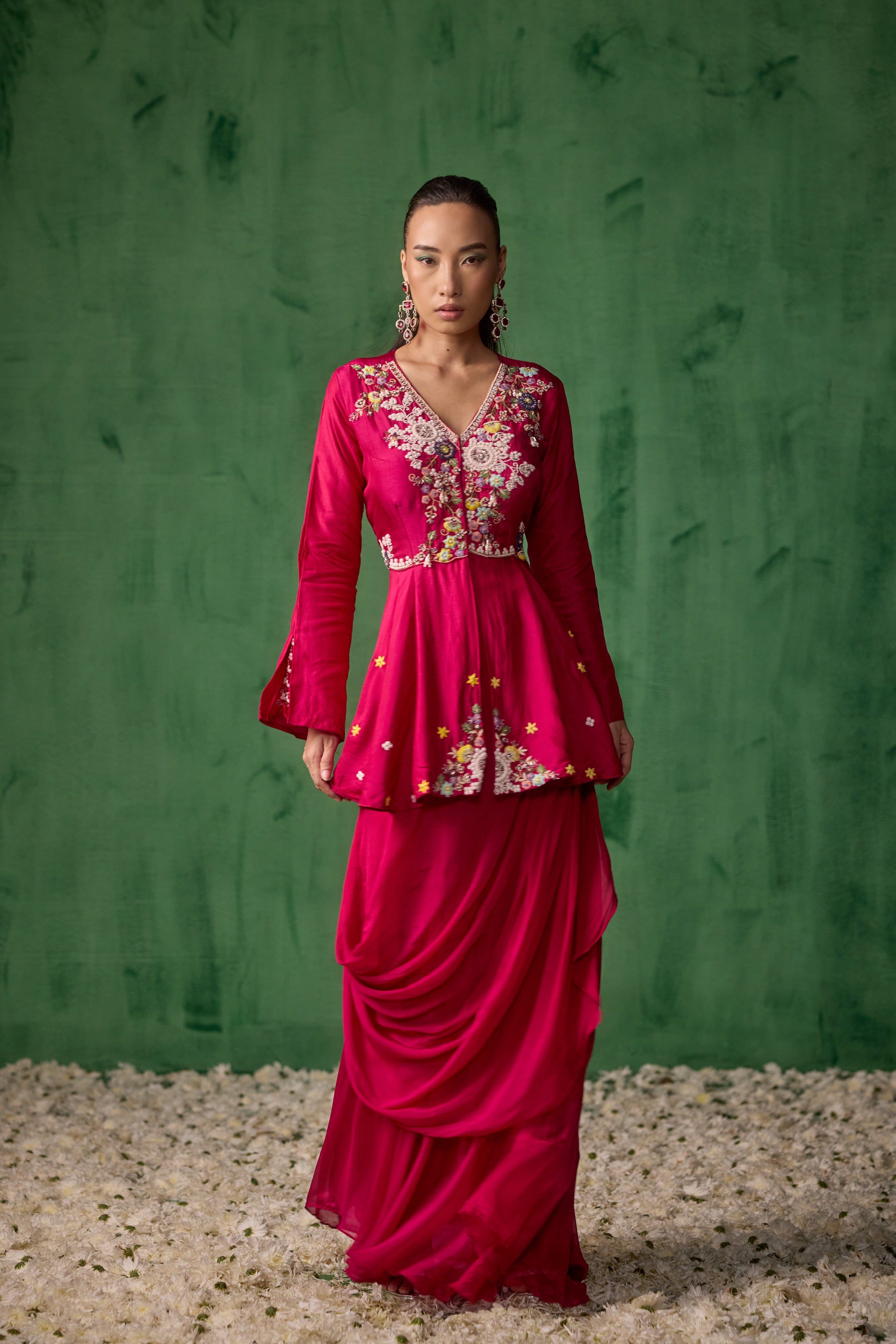 Magenta Pink Embellished Premium Silk Skirt Set