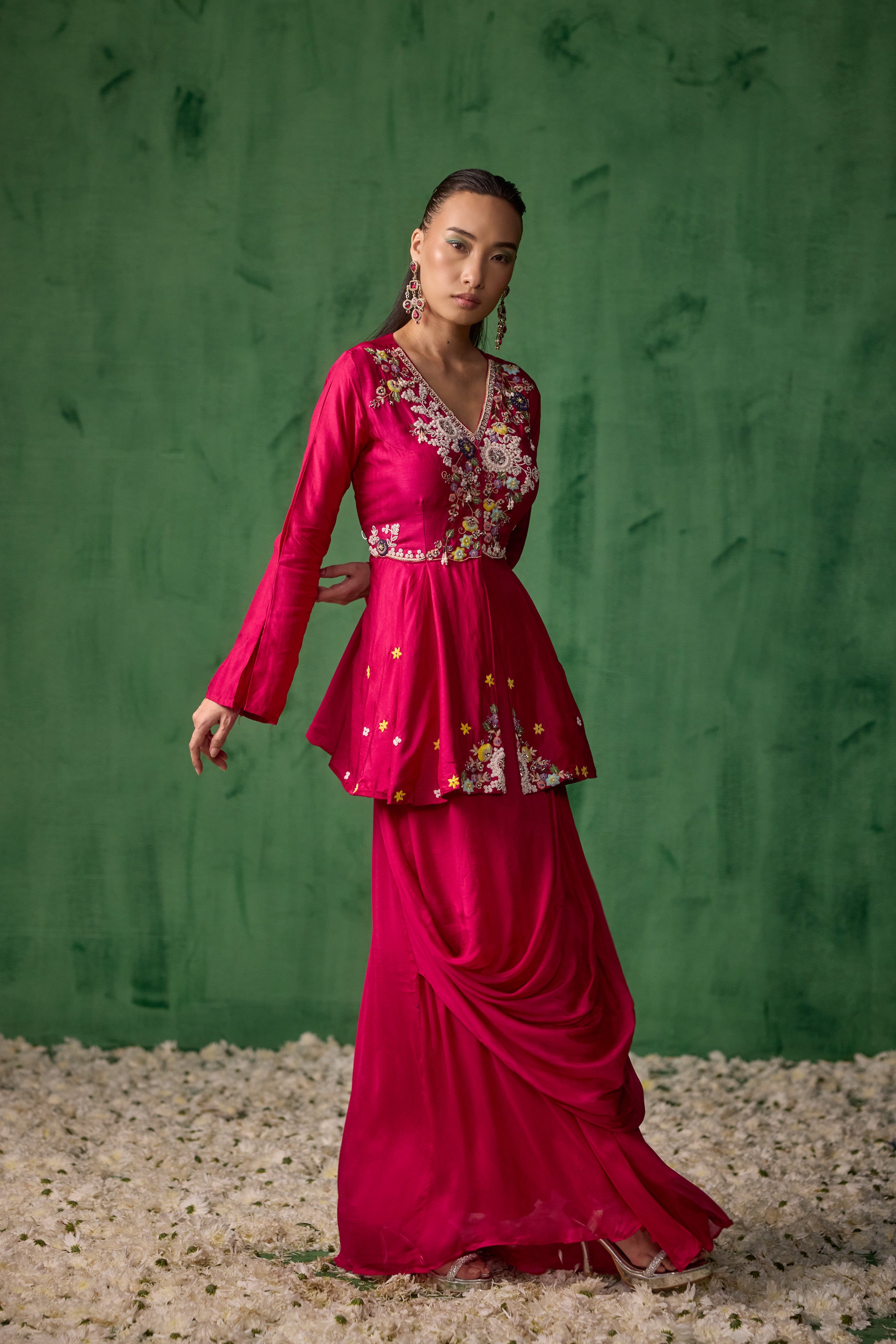 Magenta Pink Embellished Premium Silk Skirt Set
