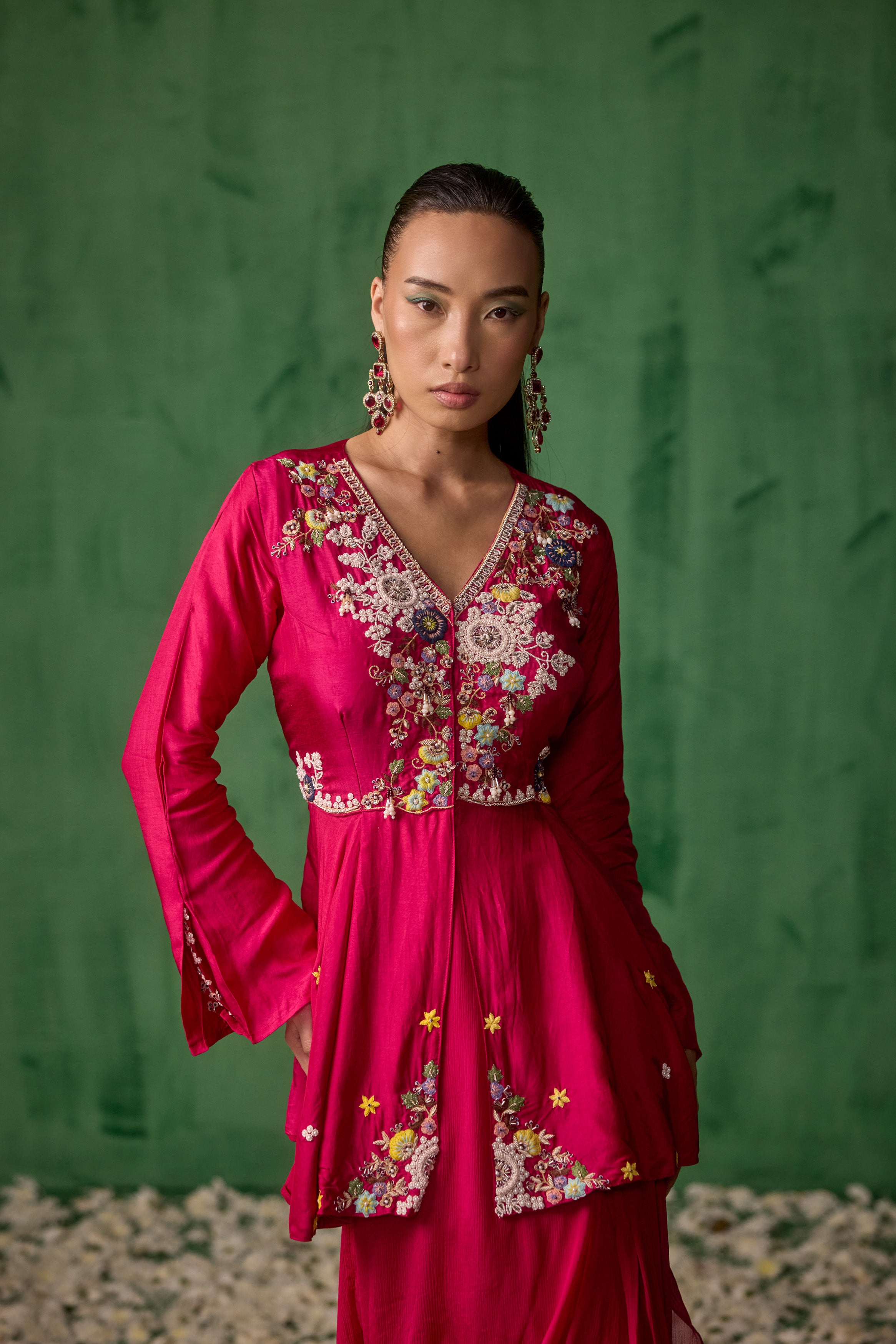 Magenta Pink Embellished Premium Silk Skirt Set