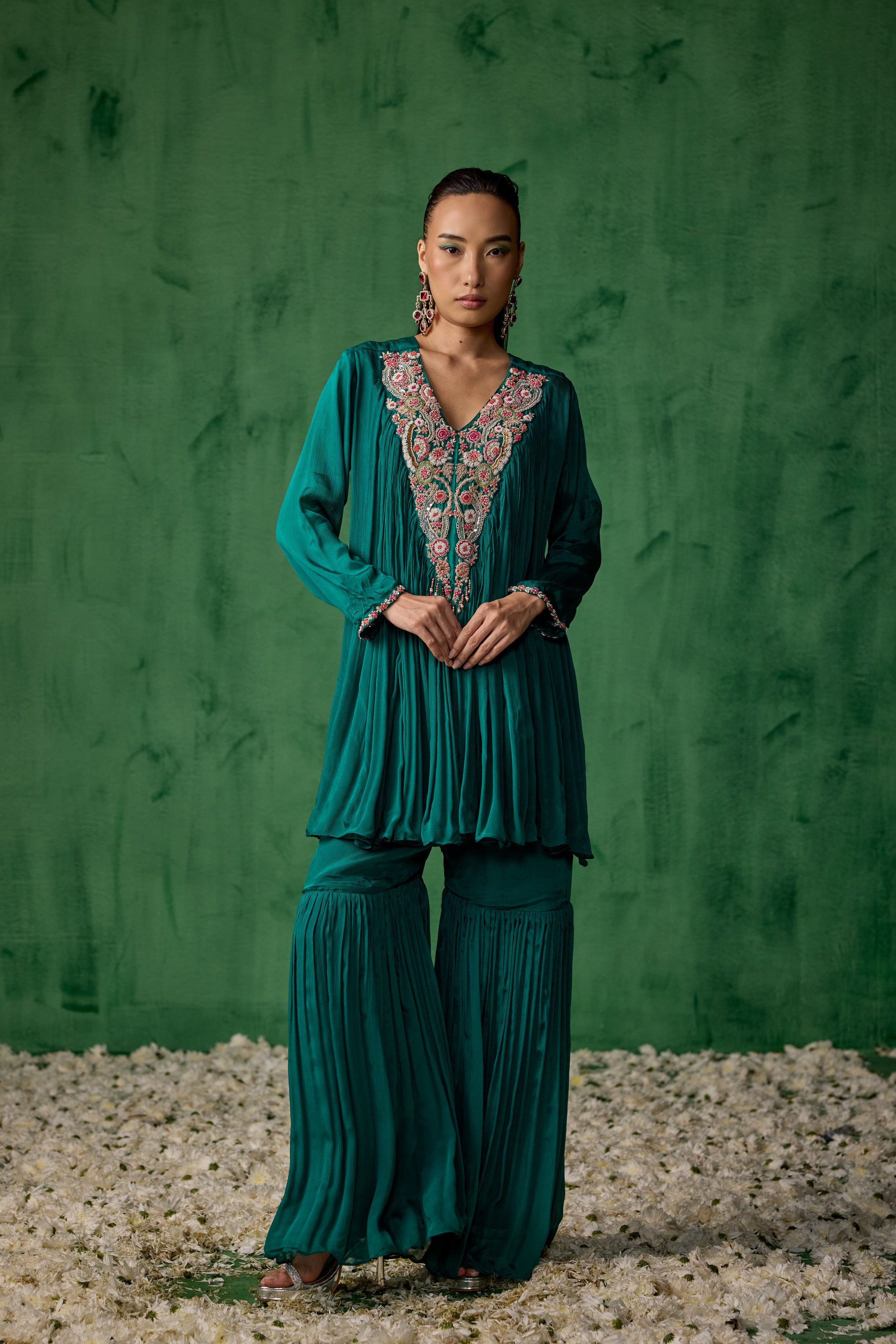 Teal Green Embellished Raw Silk Sharara Set