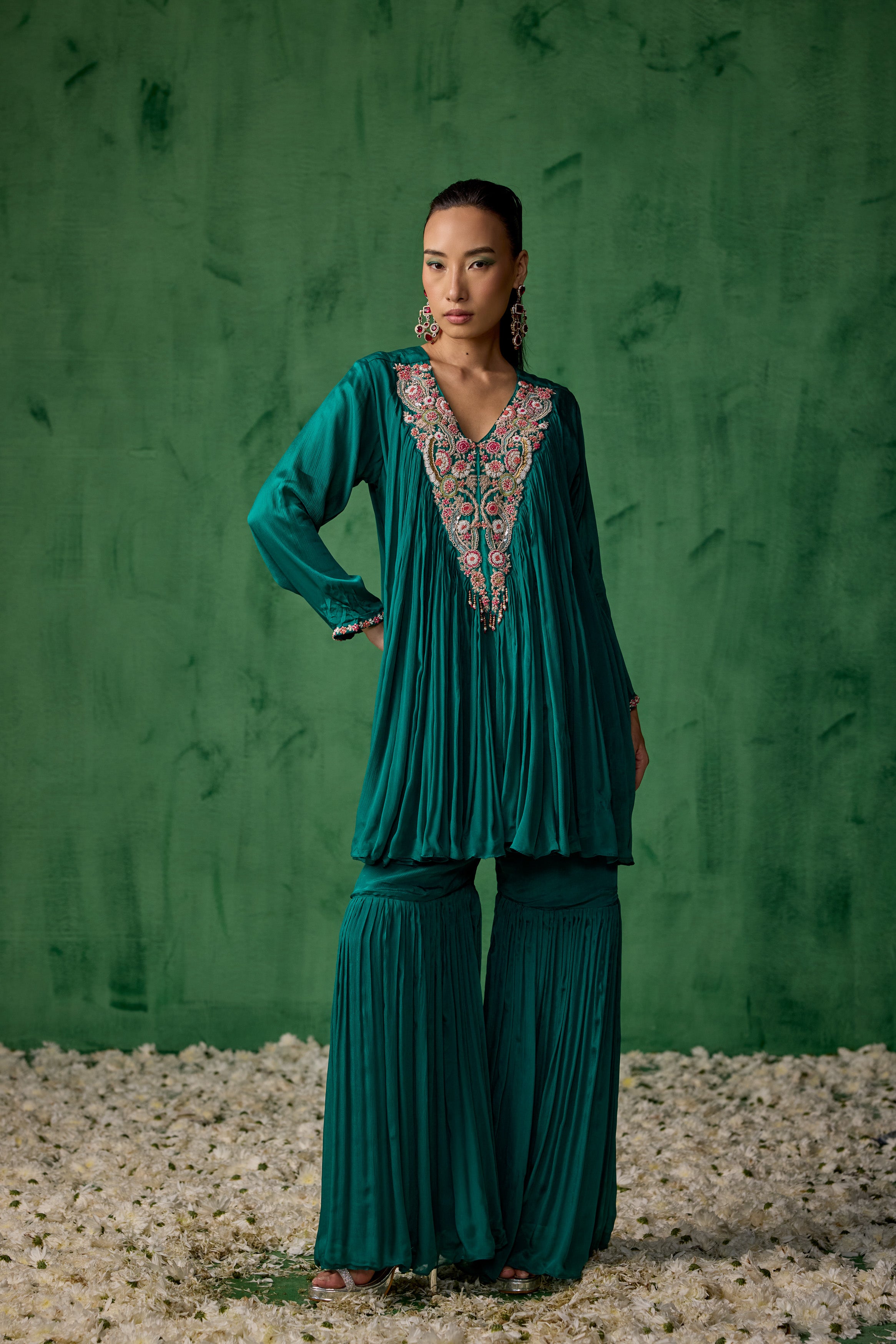 Teal Green Embellished Raw Silk Sharara Set