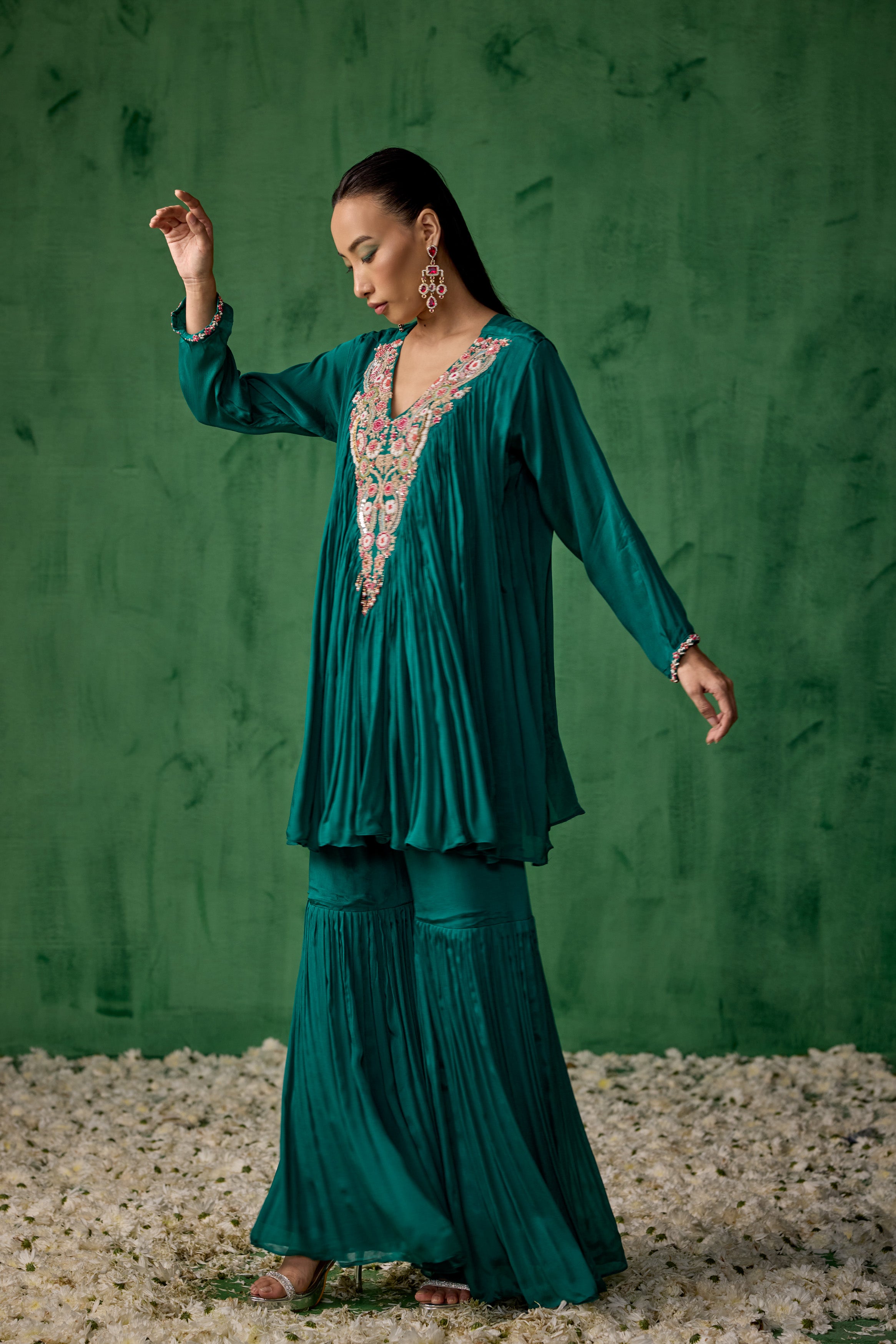 Teal Green Embellished Raw Silk Sharara Set