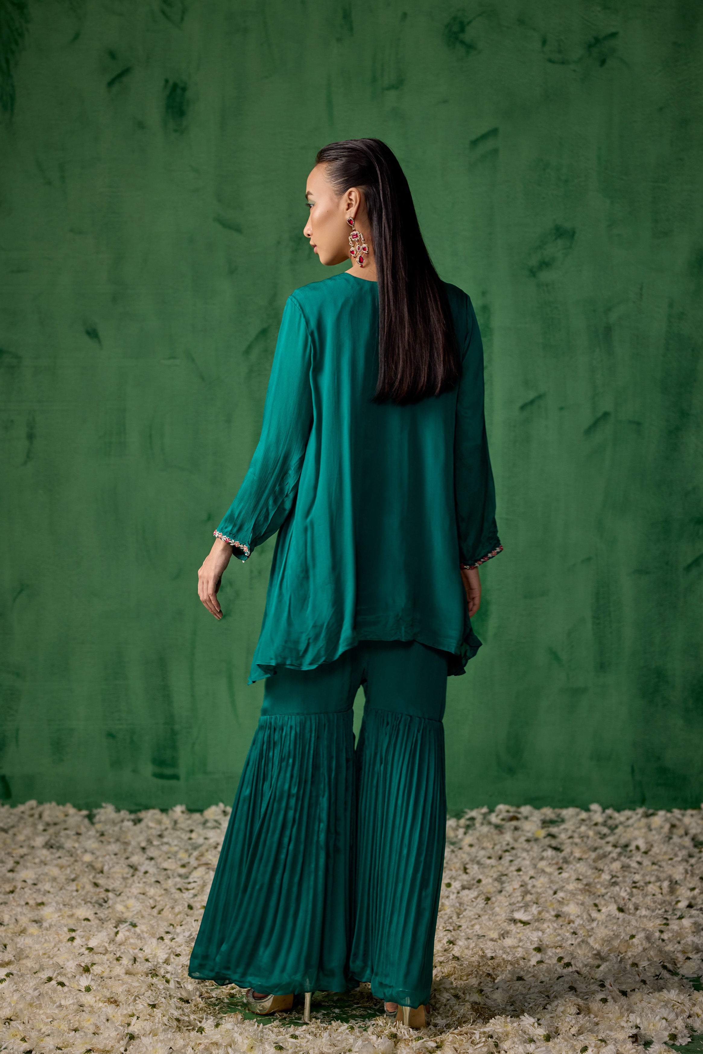 Teal Green Embellished Raw Silk Sharara Set