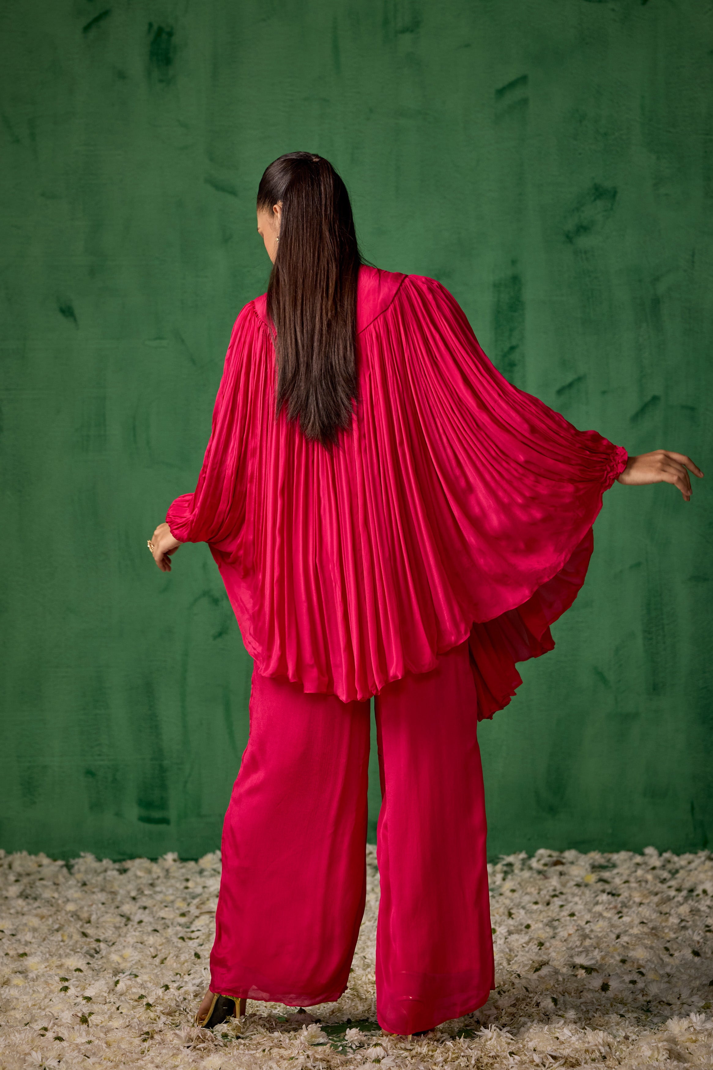 Raspberry Pink Embellished Chinon Silk Kaftan Co-Ord