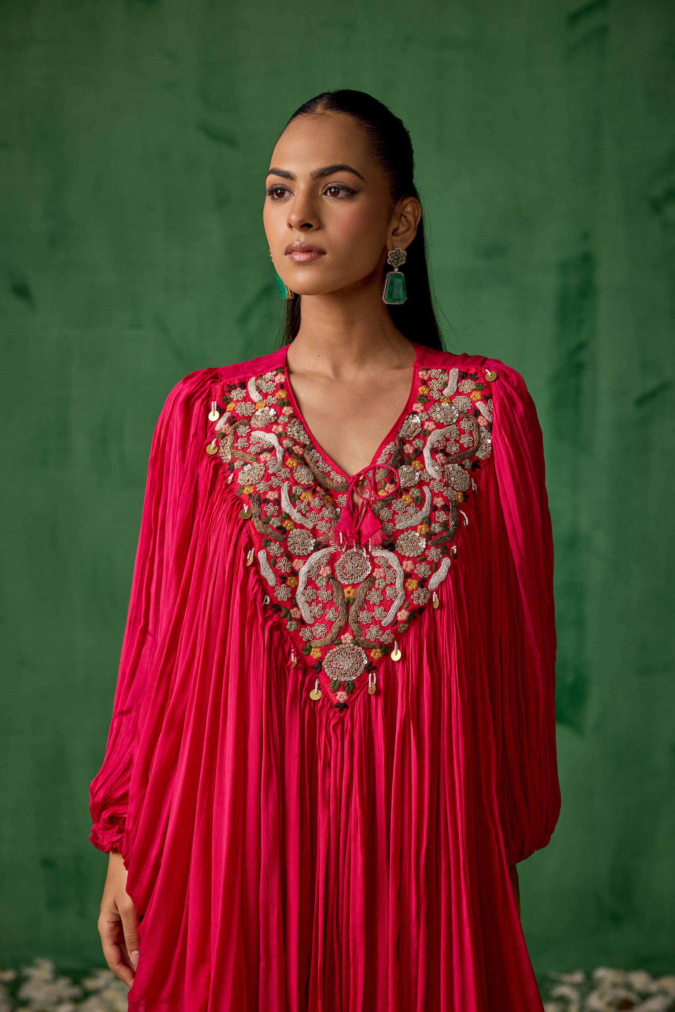 Raspberry Pink Embellished Chinon Silk Kaftan Co-Ord