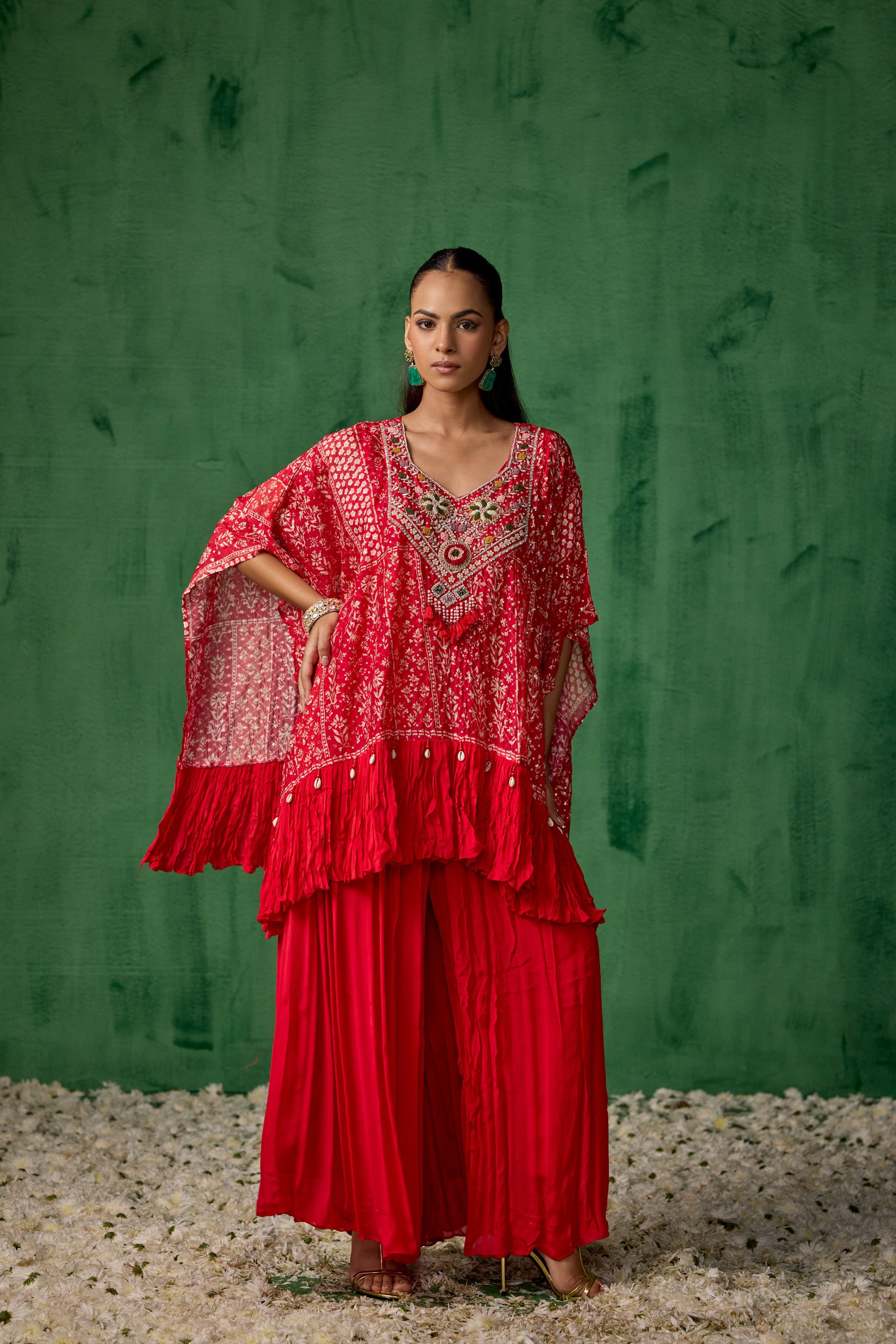 Bright Red Embellished Chinon Silk Kaftan Set