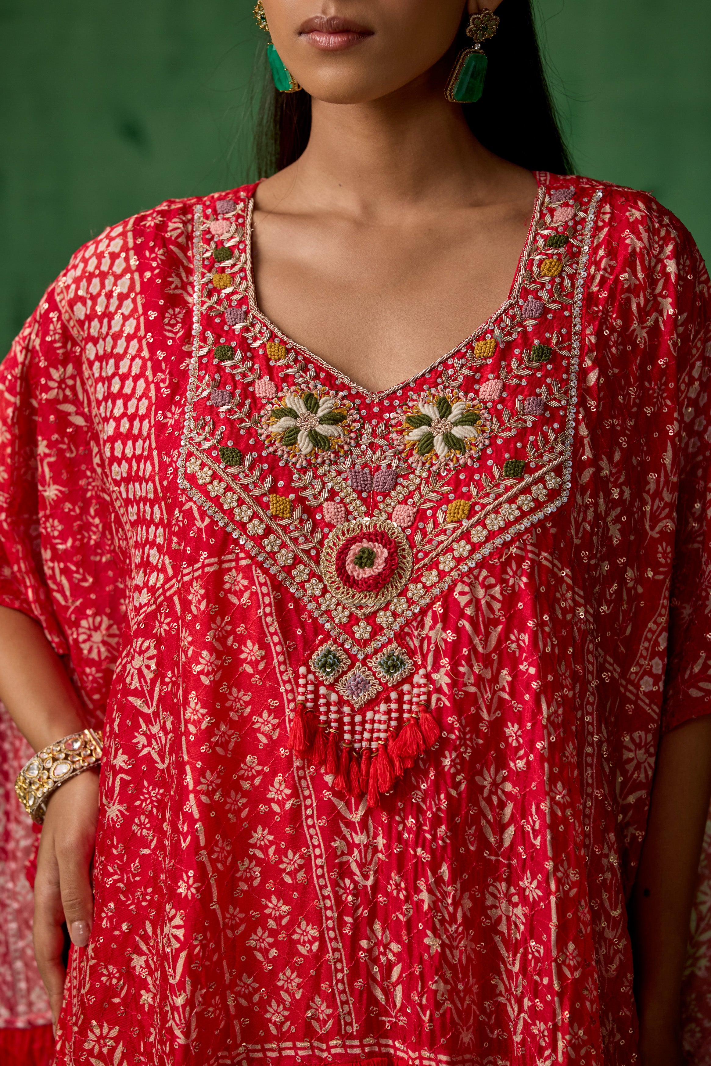 Bright Red Embellished Chinon Silk Kaftan Set