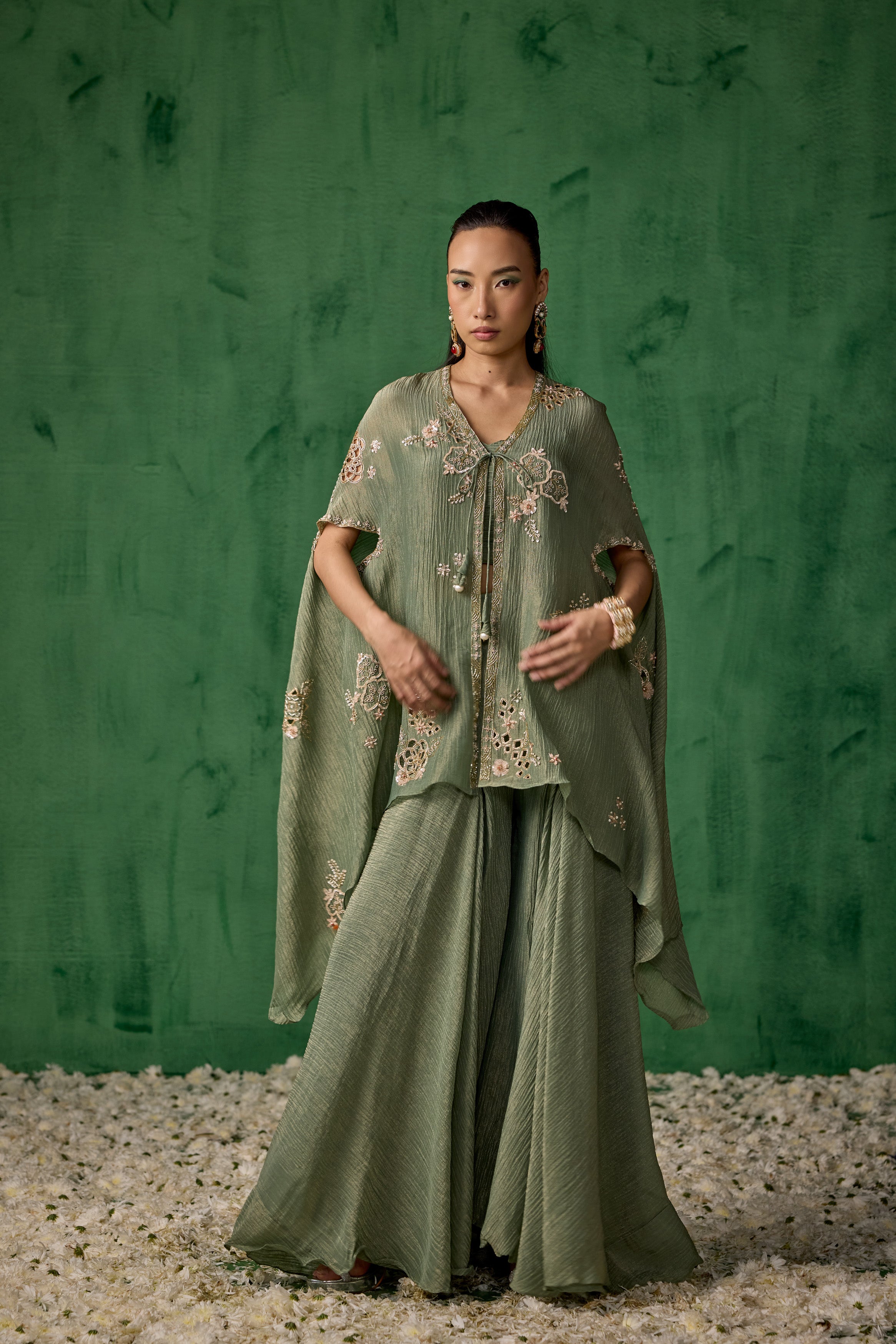 Light Green Embellished Shimmer Organza Silk Cape Set