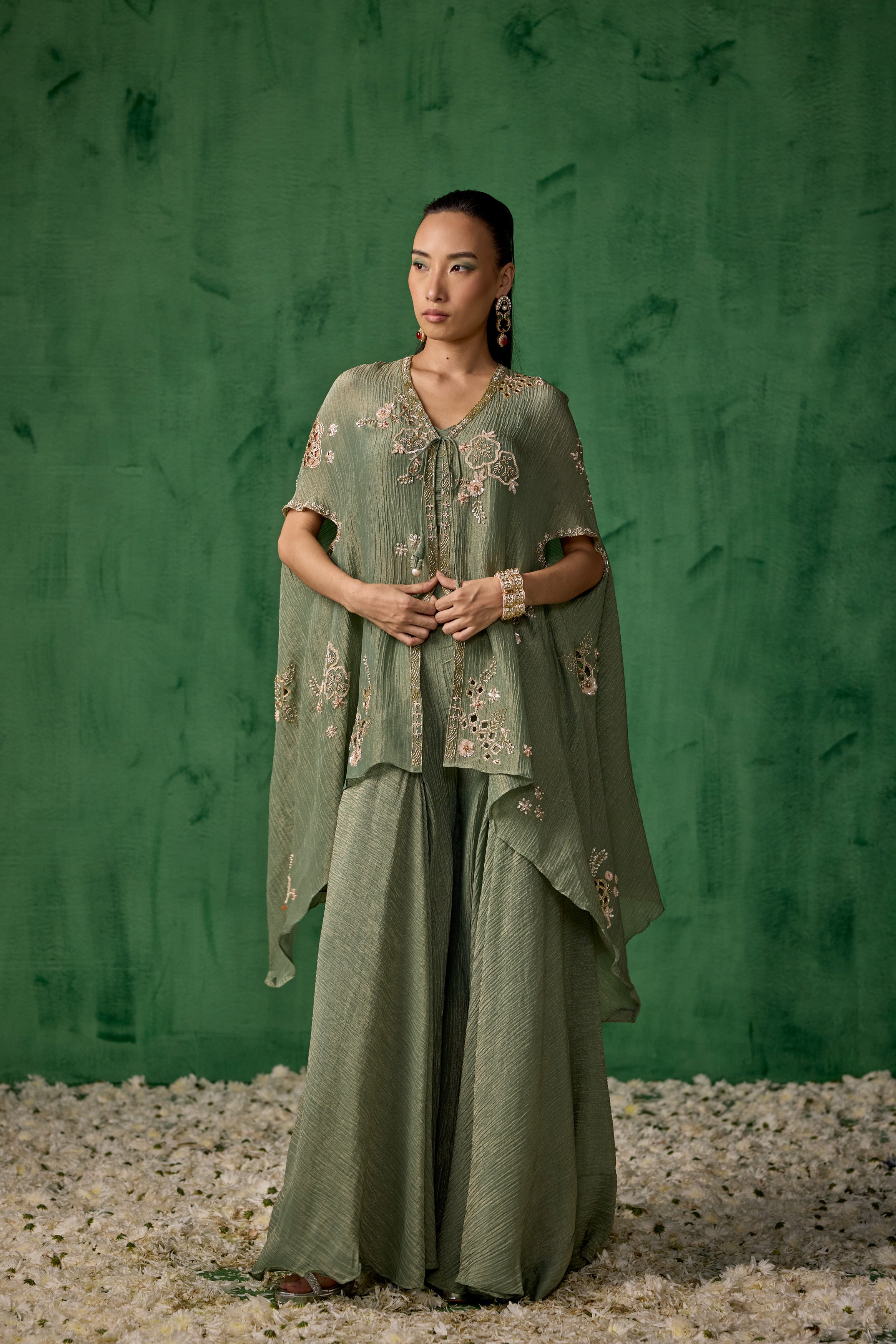 Light Green Embellished Shimmer Organza Silk Cape Set
