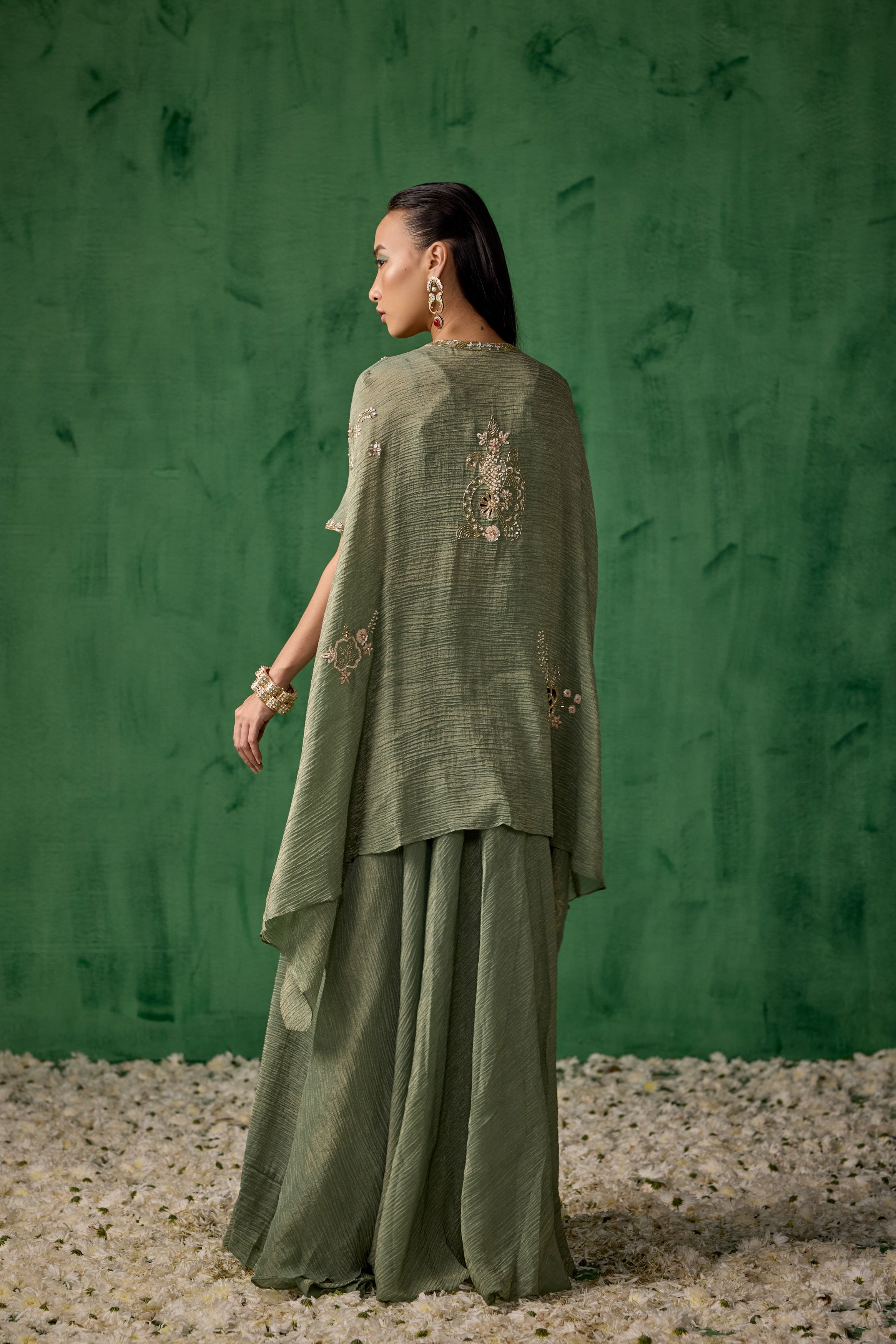 Light Green Embellished Shimmer Organza Silk Cape Set