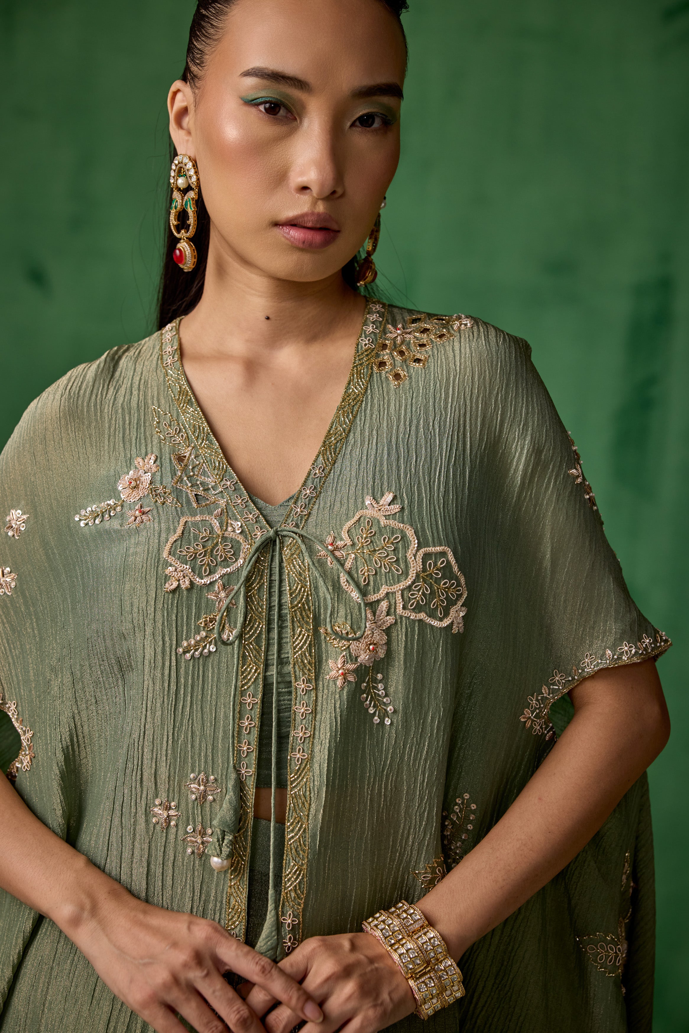 Light Green Embellished Shimmer Organza Silk Cape Set