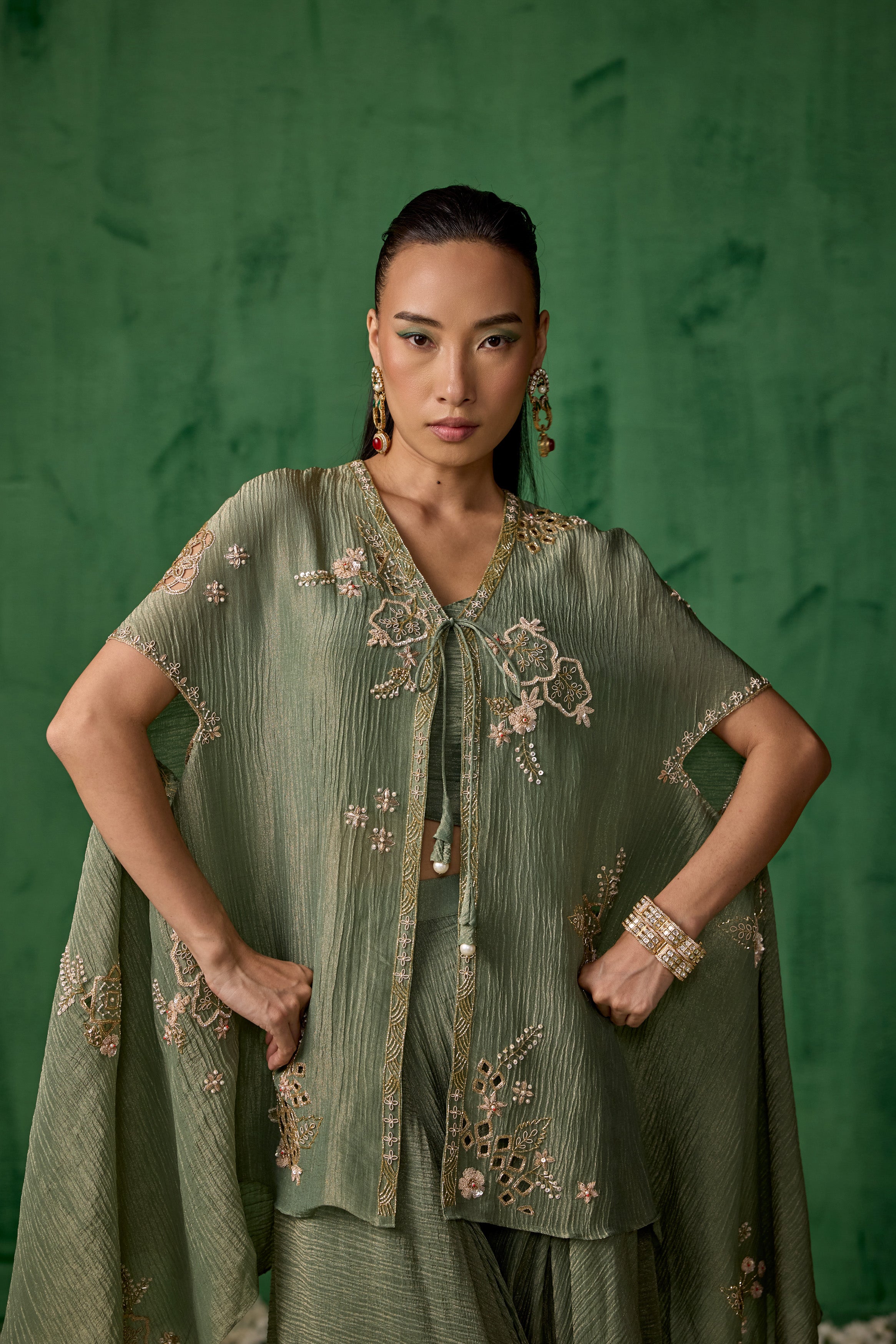 Light Green Embellished Shimmer Organza Silk Cape Set