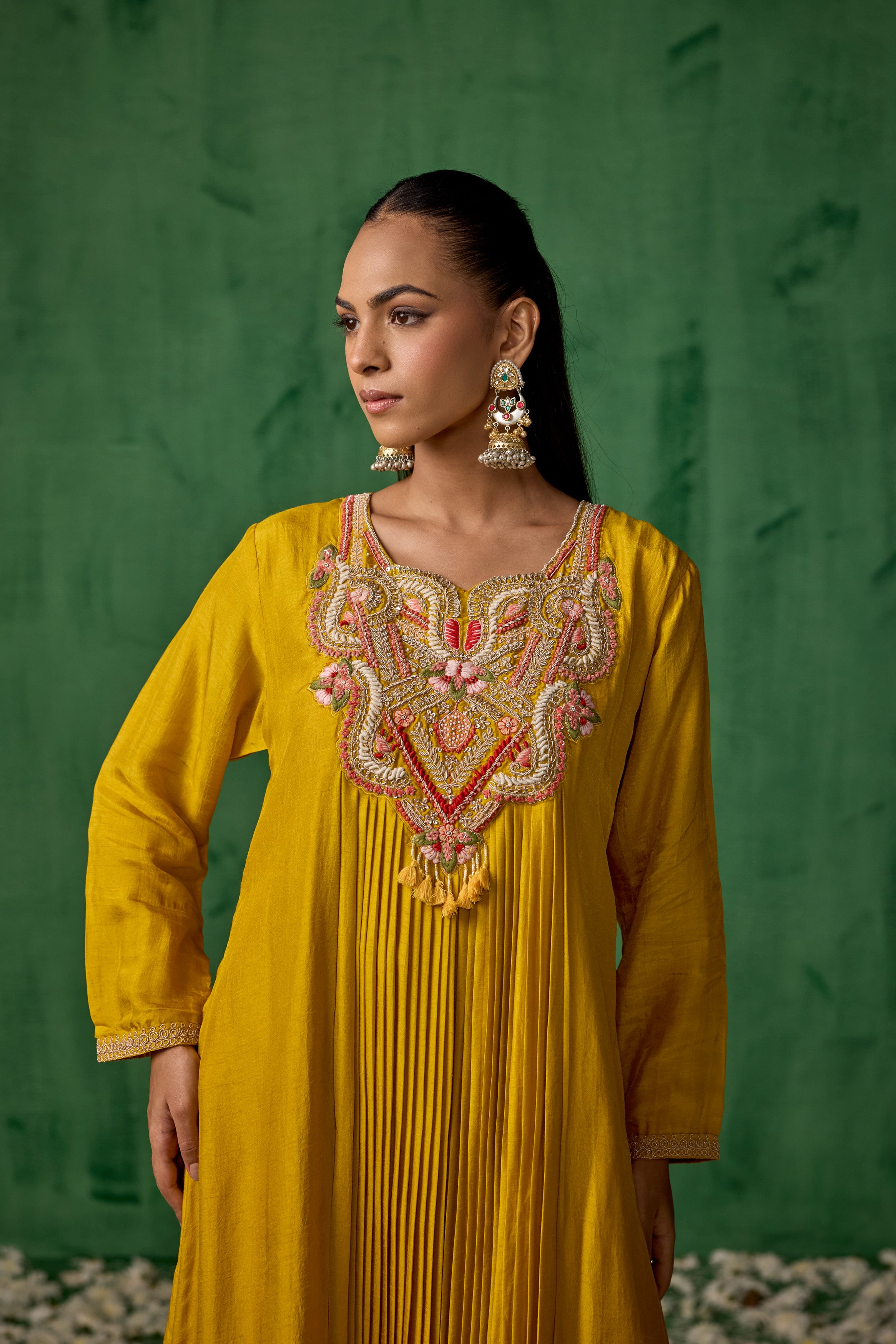 Mustard Yellow Embellished Raw Silk Palazzo Set
