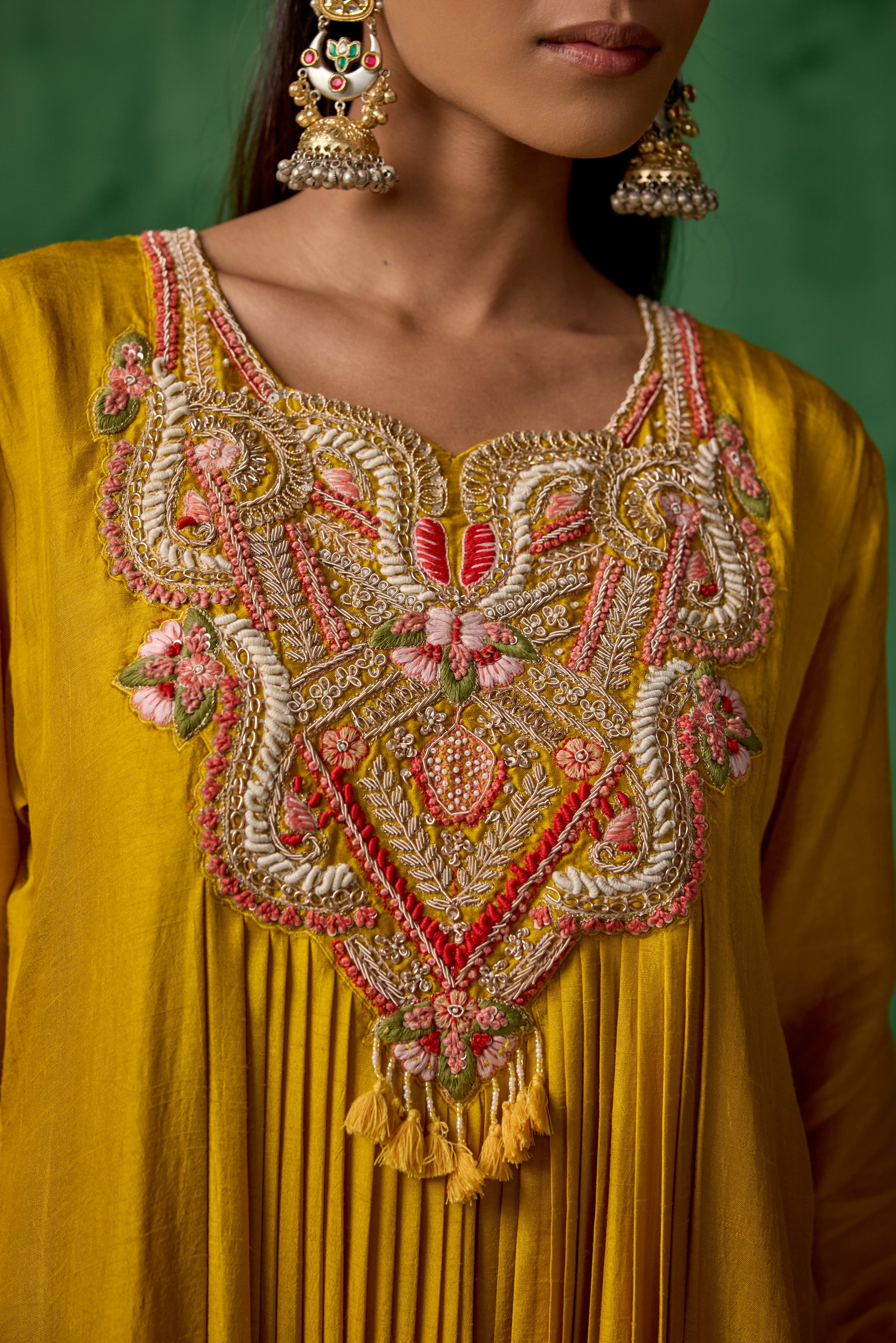 Mustard Yellow Embellished Raw Silk Palazzo Set