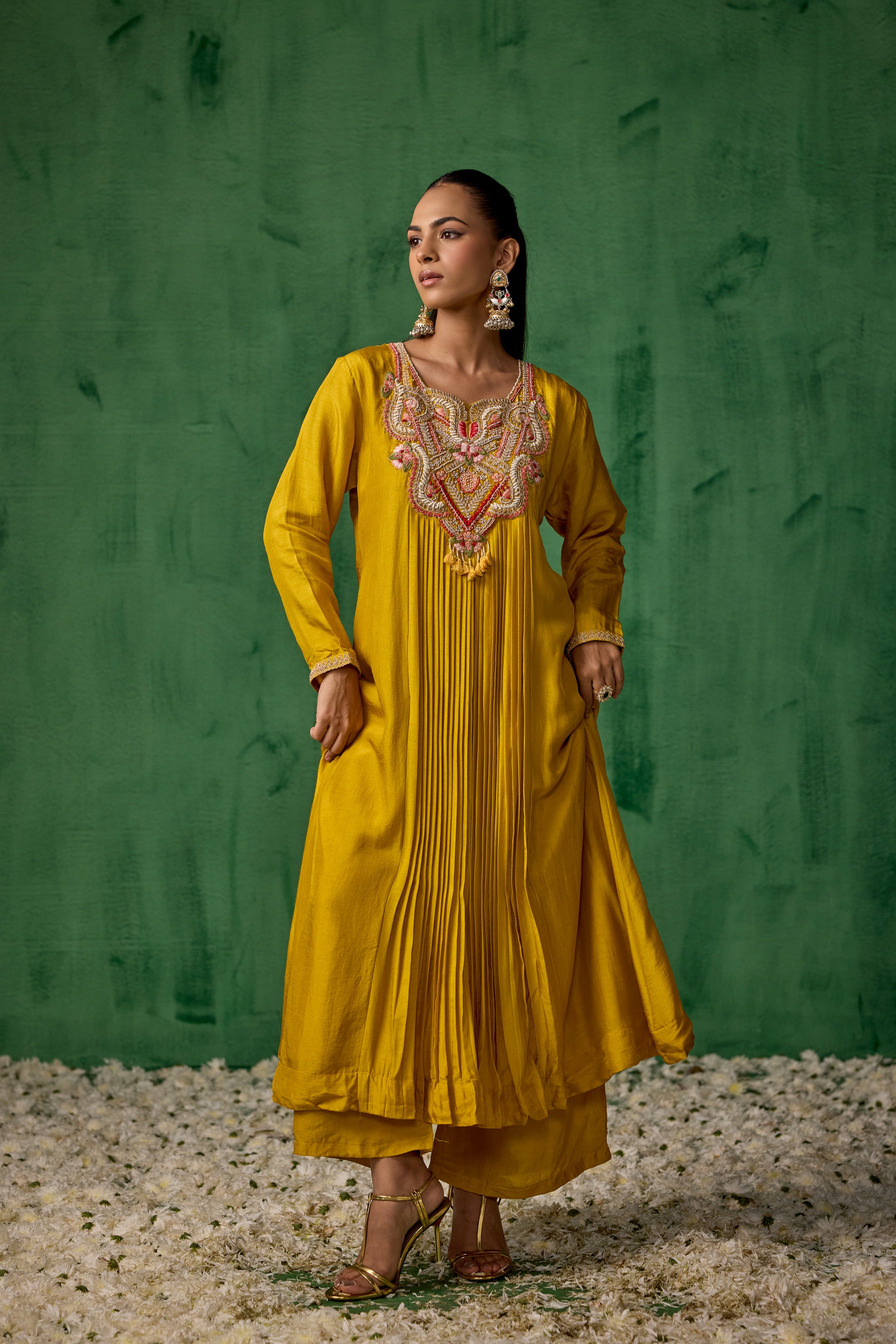 Mustard Yellow Embellished Raw Silk Palazzo Set