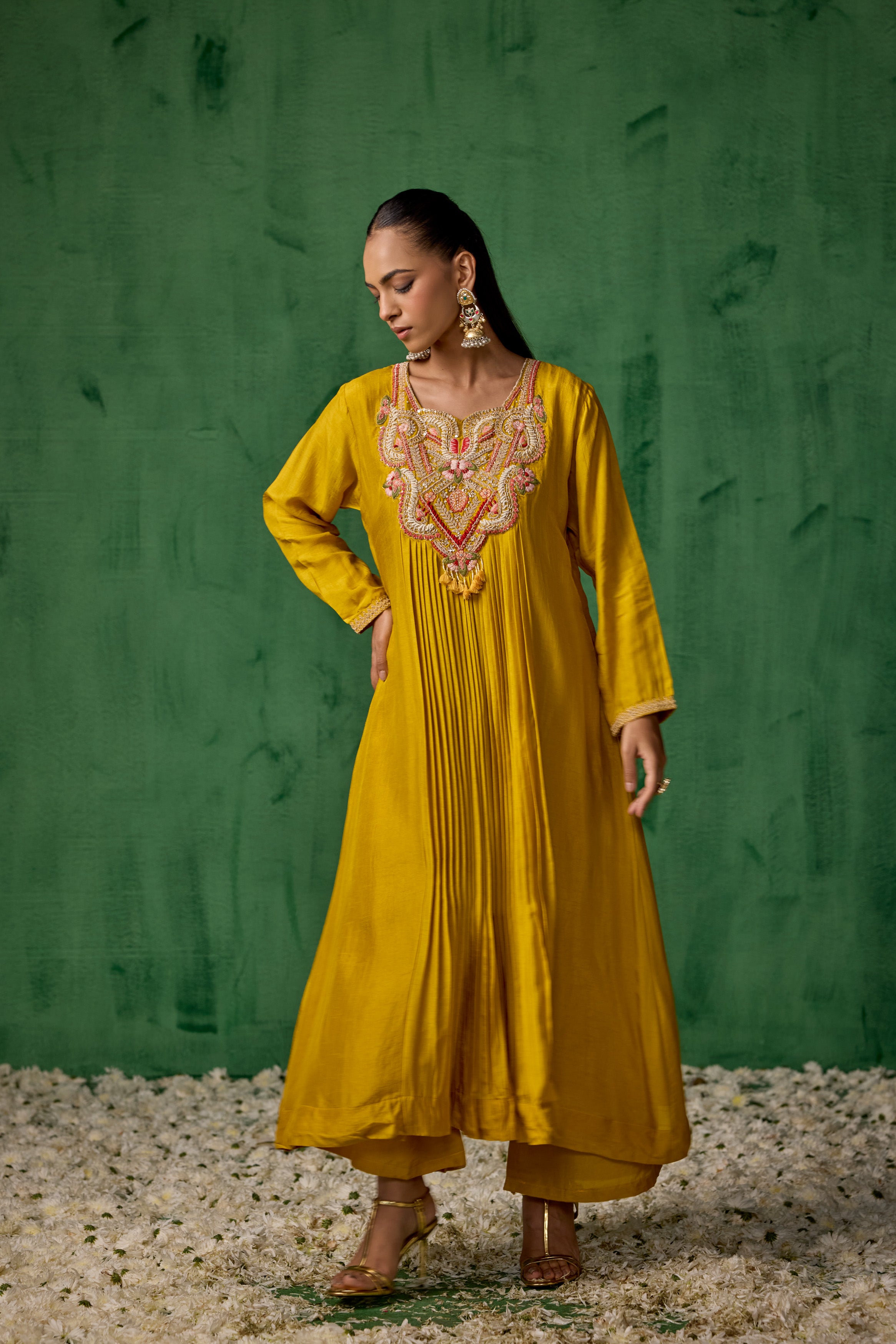 Mustard Yellow Embellished Raw Silk Palazzo Set