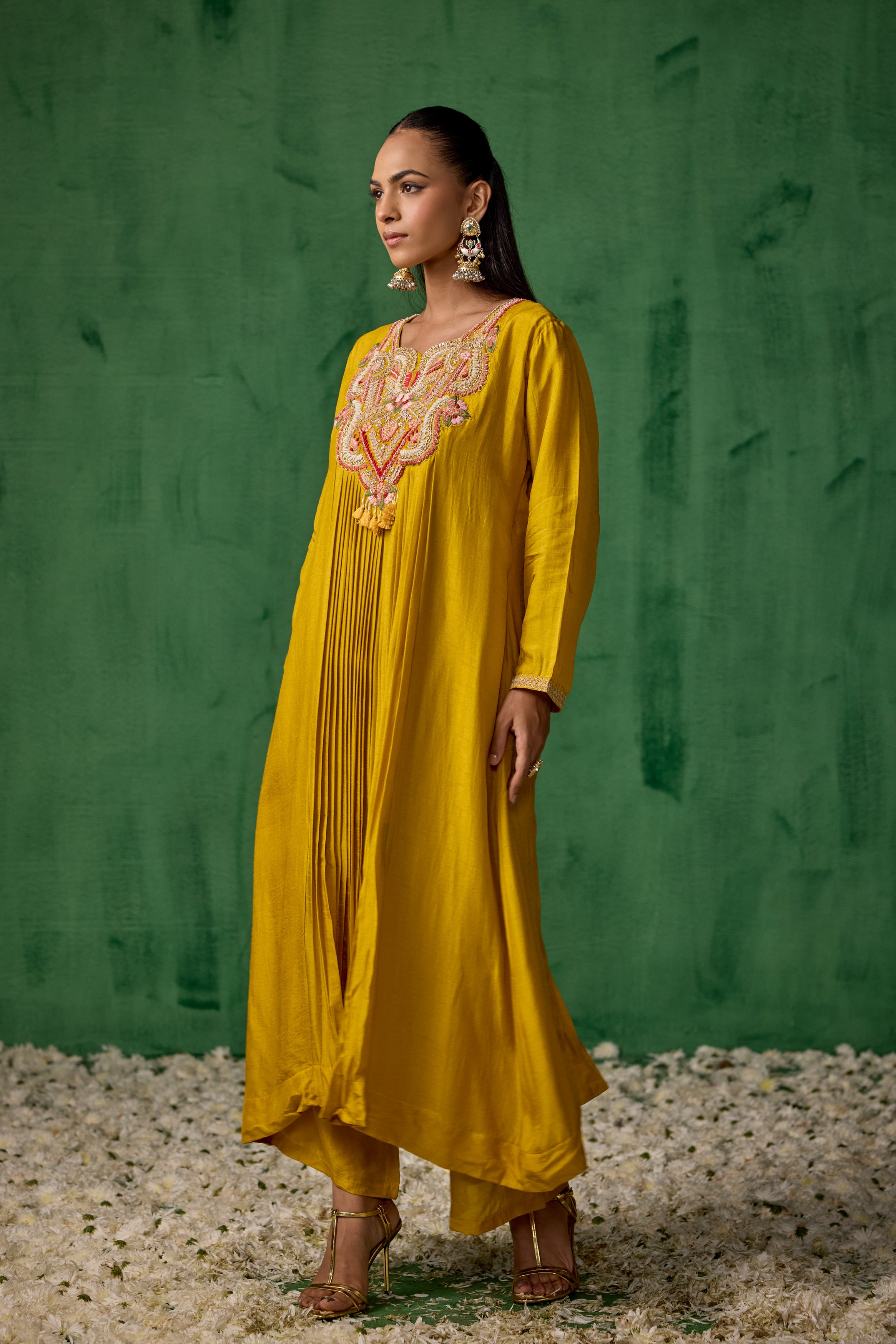 Mustard Yellow Embellished Raw Silk Palazzo Set