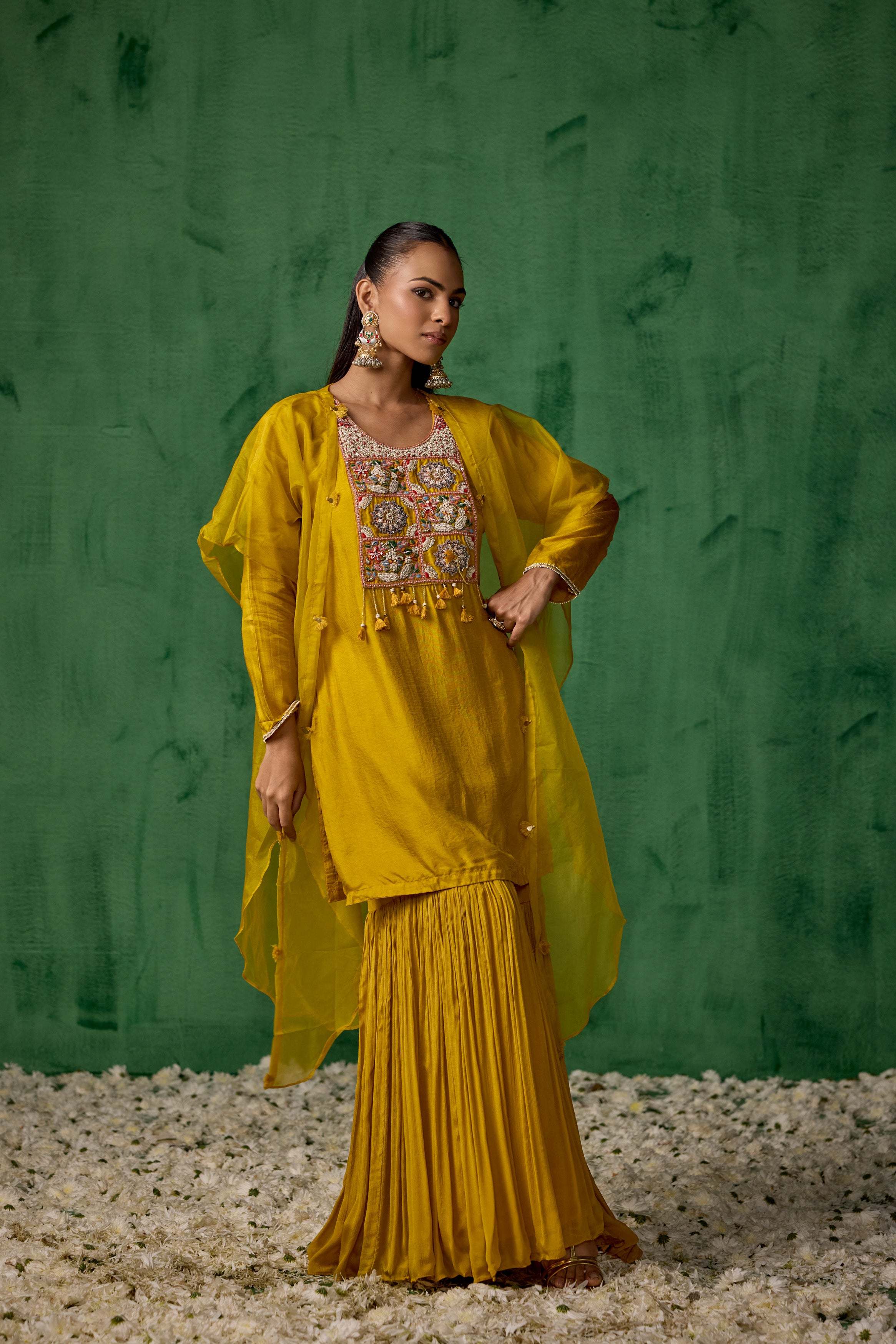 Mustard Yellow Embellished Raw Silk Sharara Set