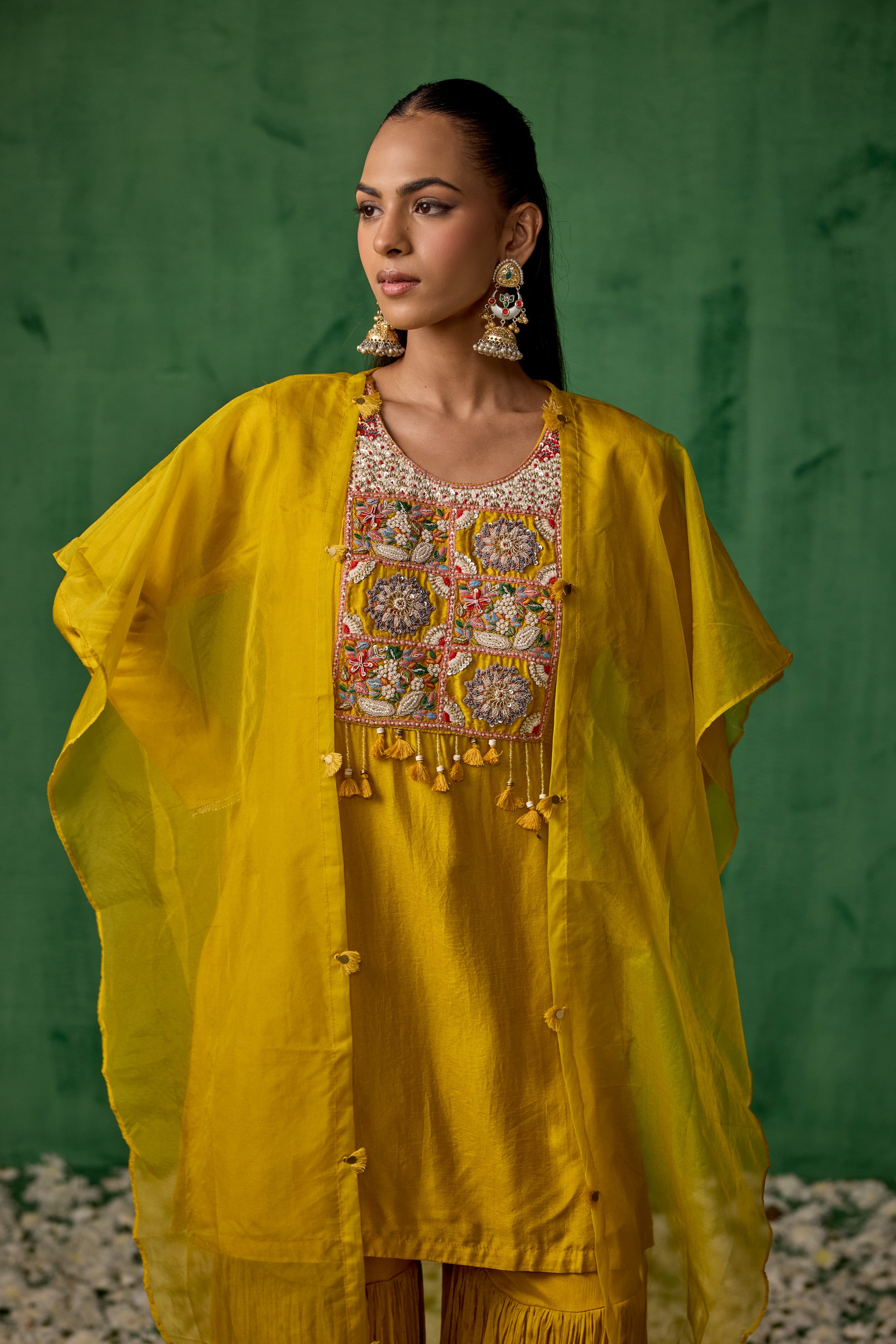 Mustard Yellow Embellished Raw Silk Sharara Set