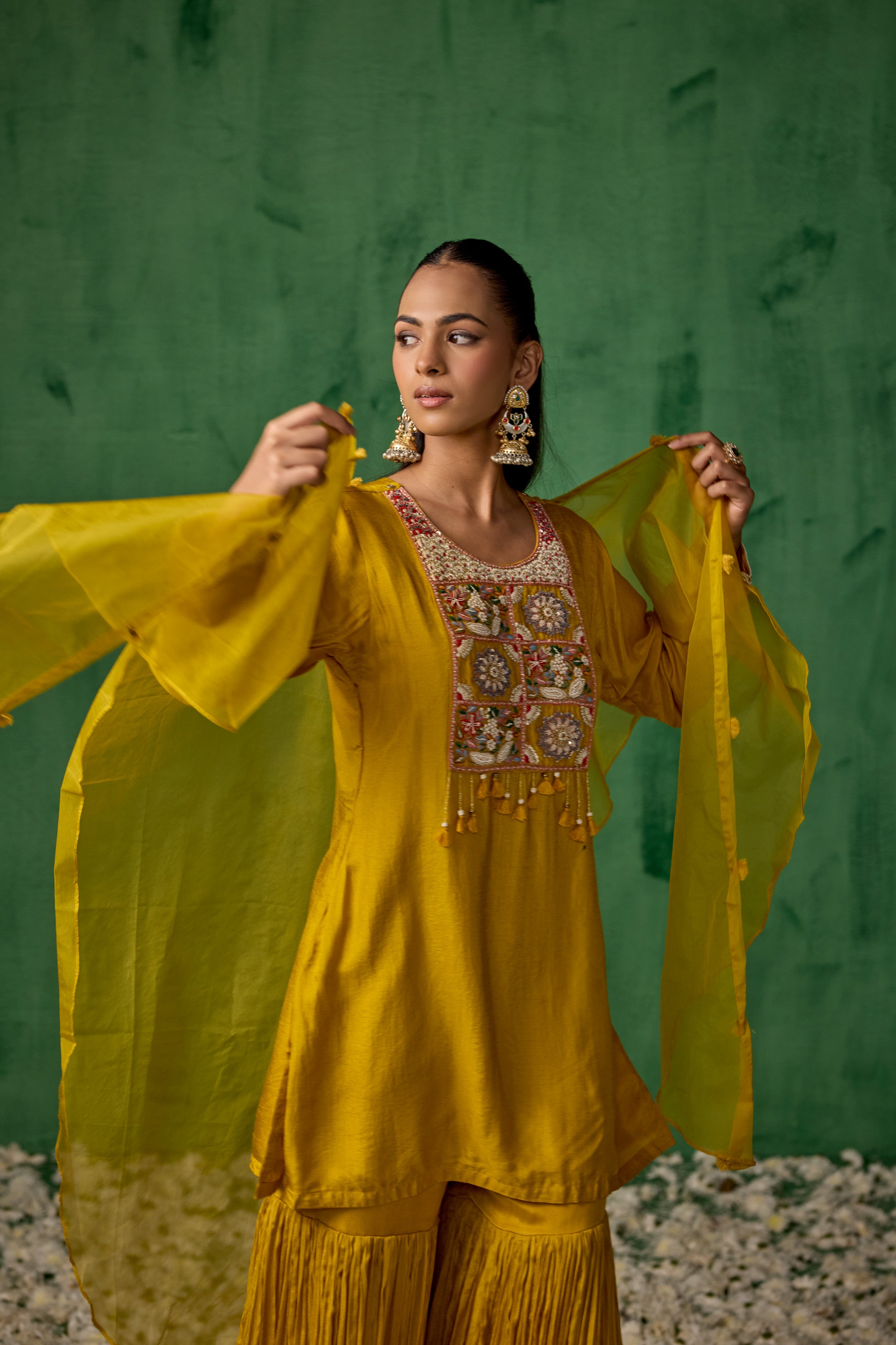 Mustard Yellow Embellished Raw Silk Sharara Set