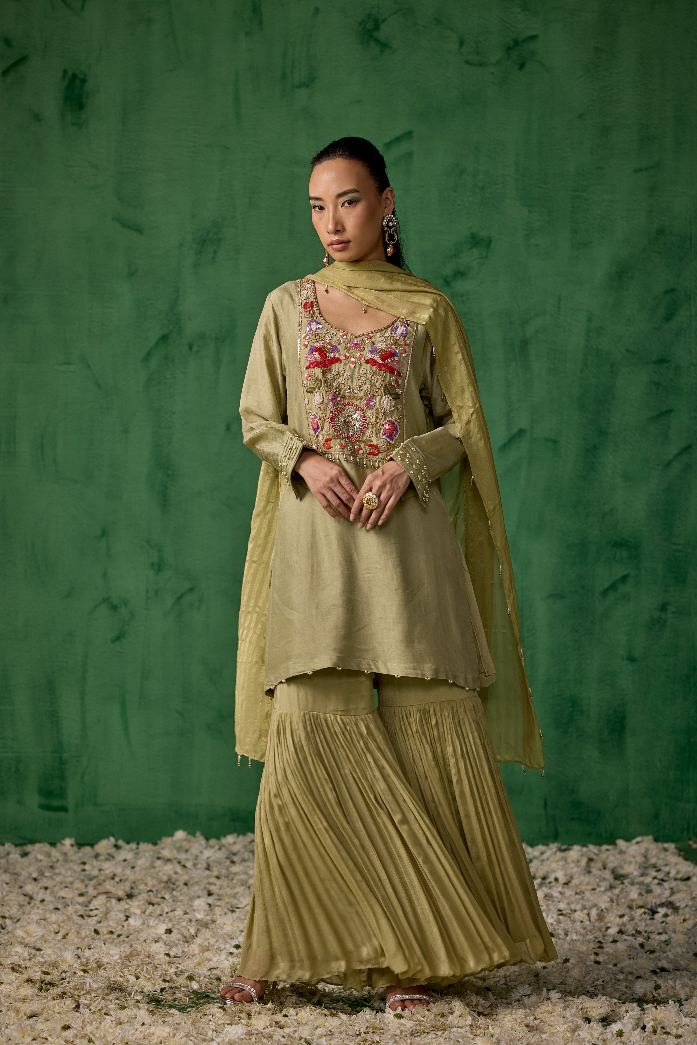 Pista Green Embellished Muslin Silk Sharara Set