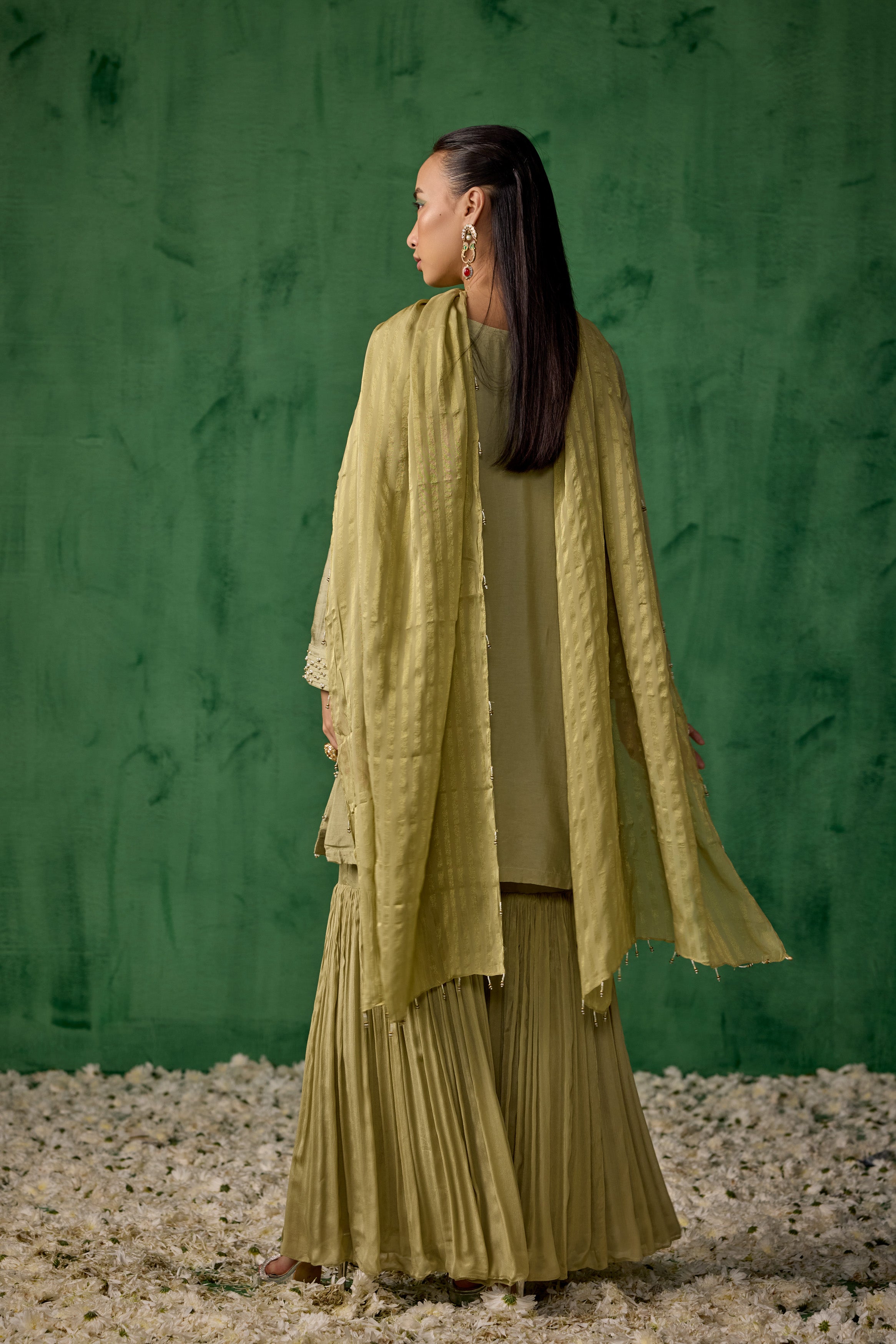 Pista Green Embellished Muslin Silk Sharara Set