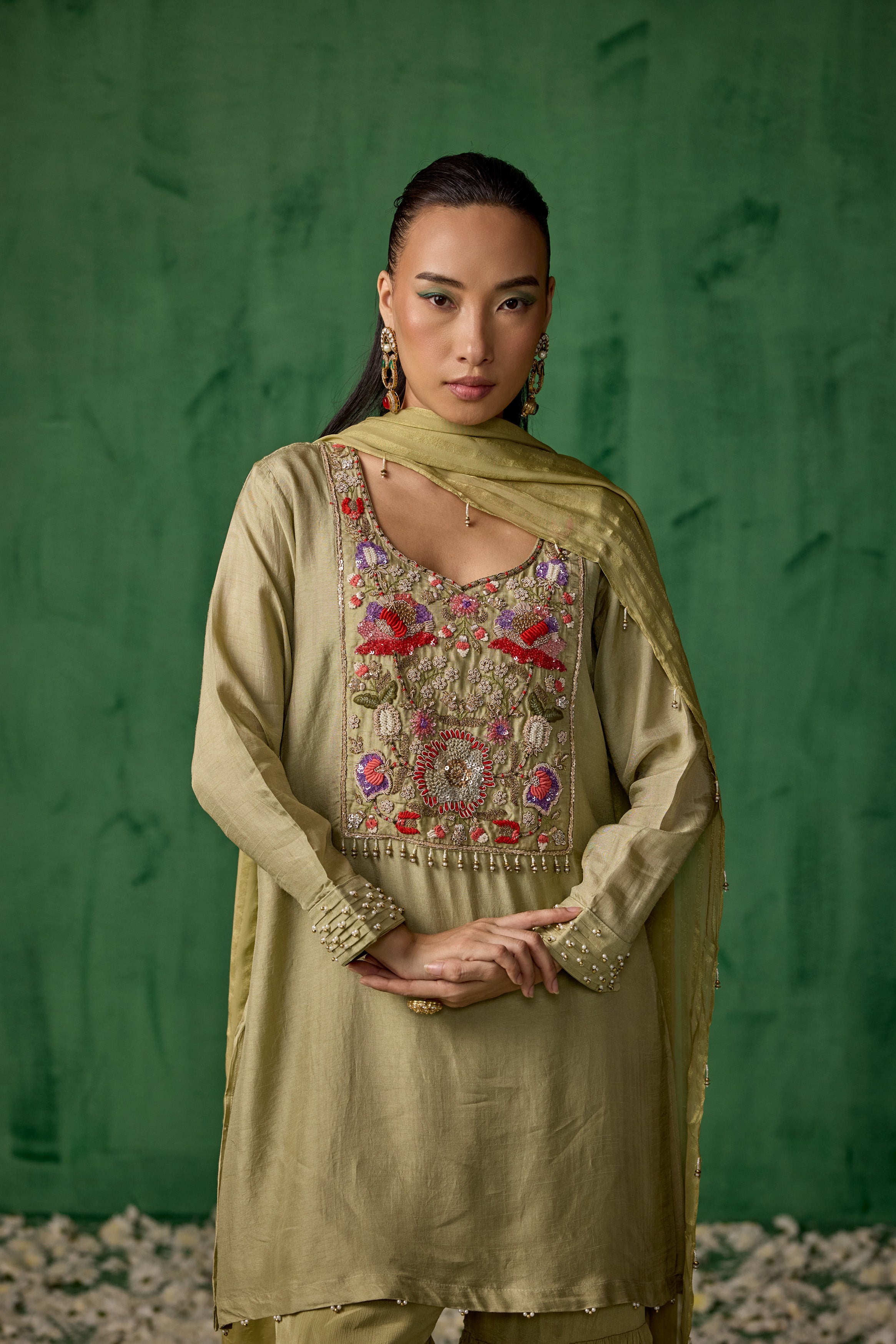 Pista Green Embellished Muslin Silk Sharara Set