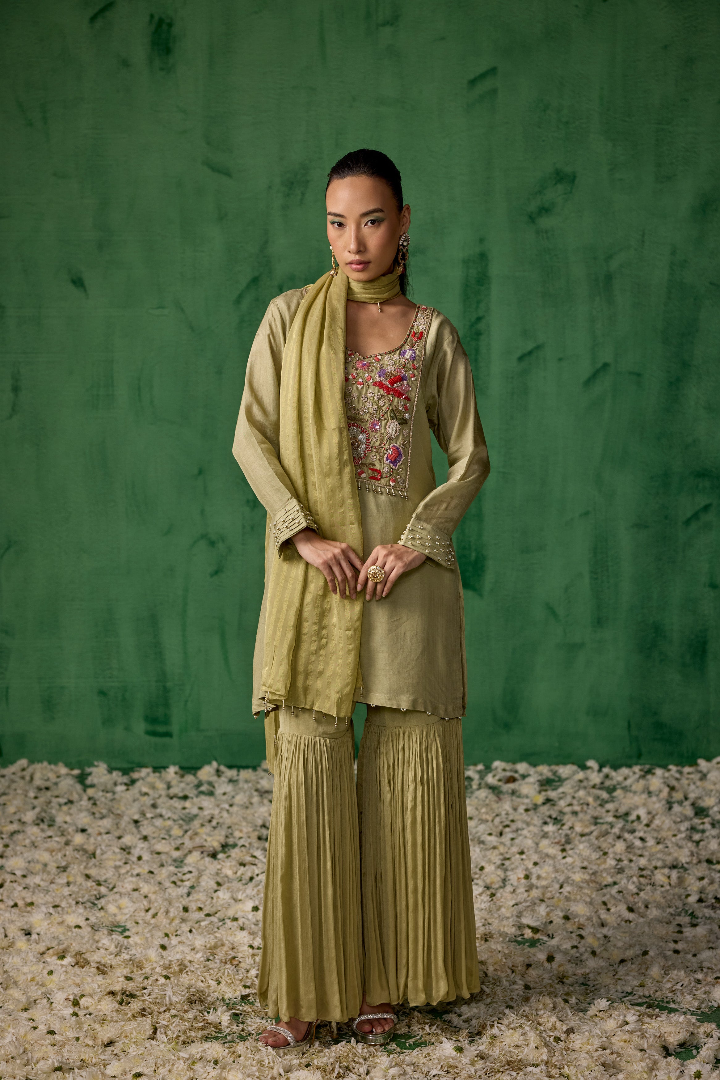Pista Green Embellished Muslin Silk Sharara Set
