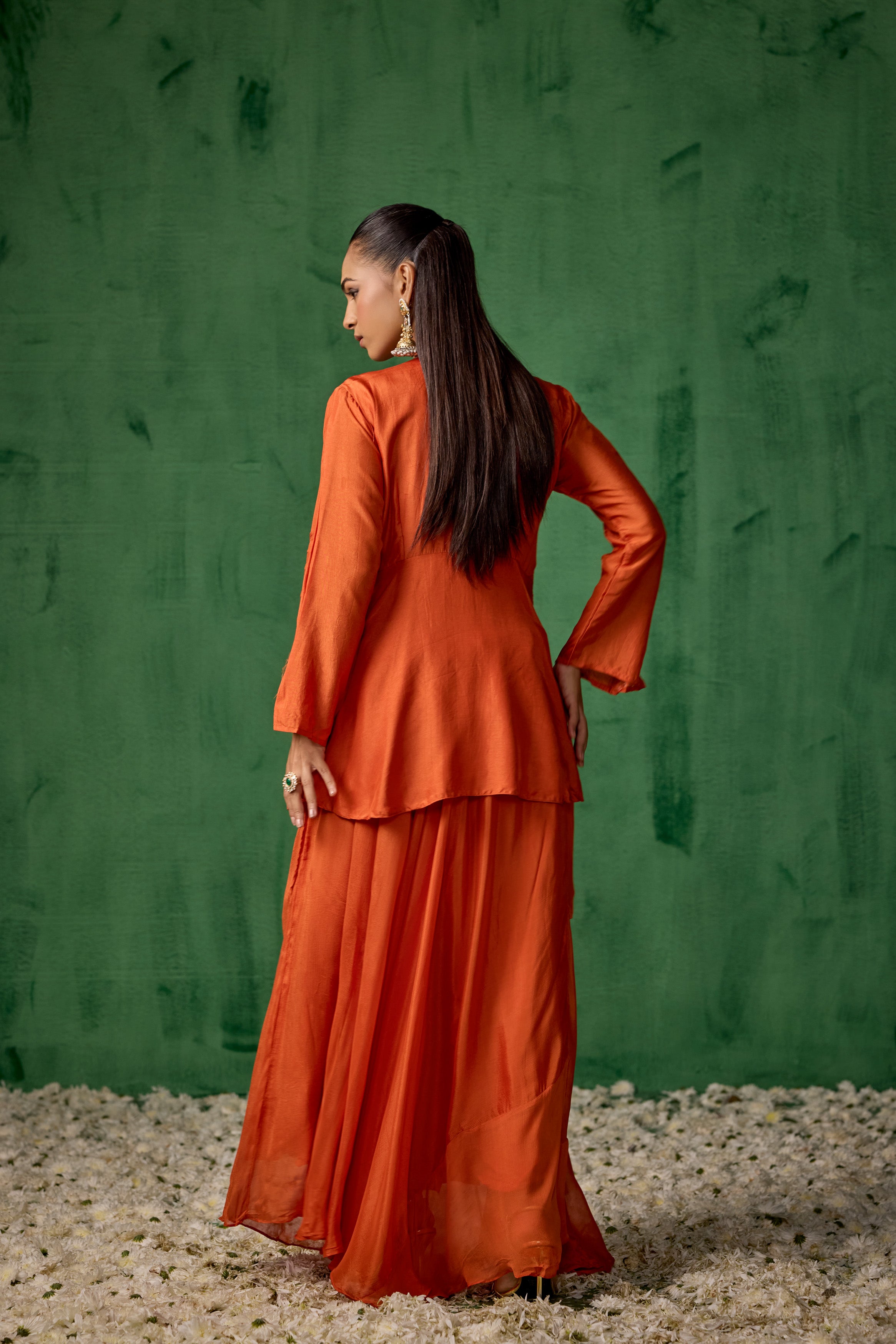 Bright Orange Embellished Premium Silk Skirt Set