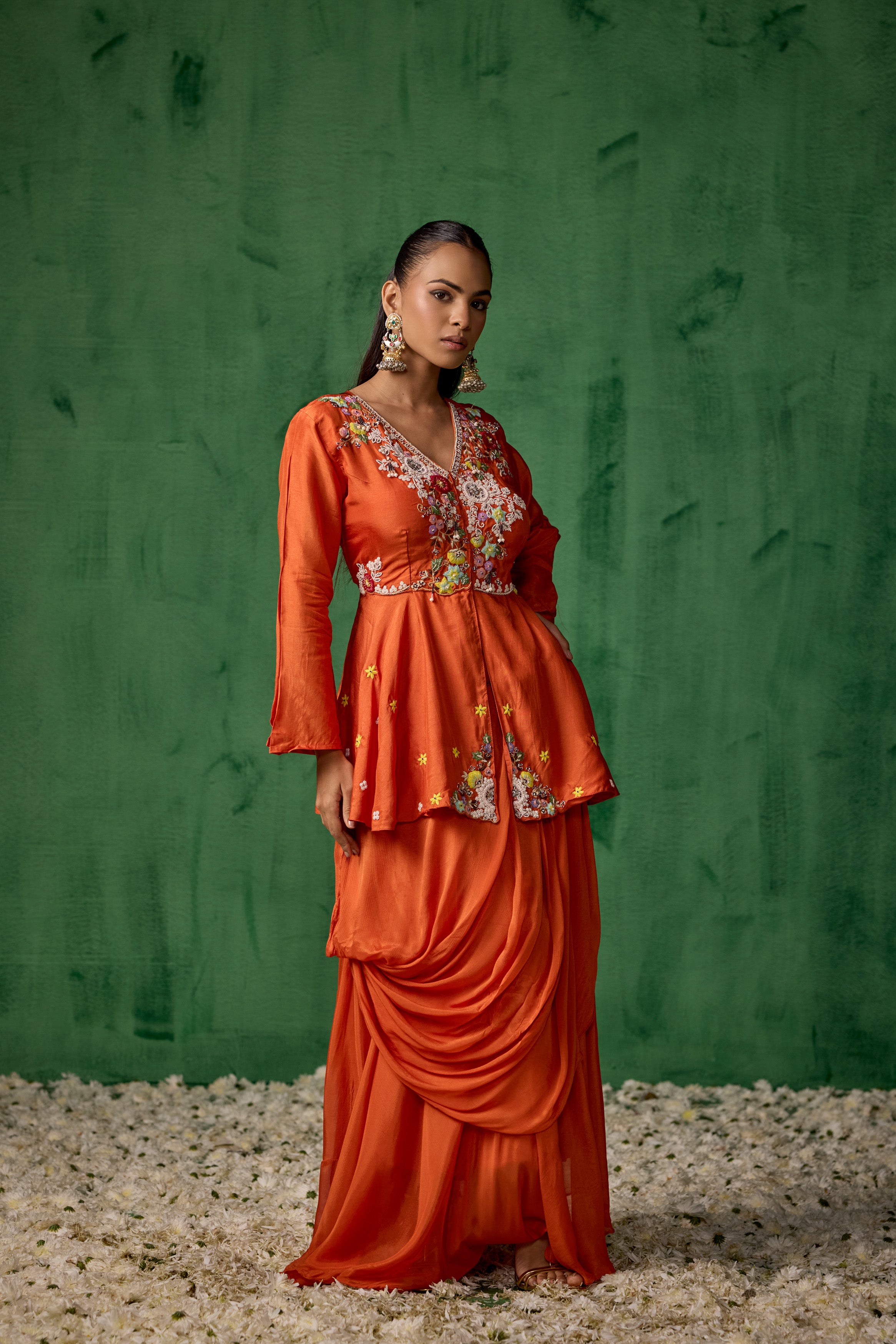 Bright Orange Embellished Premium Silk Skirt Set