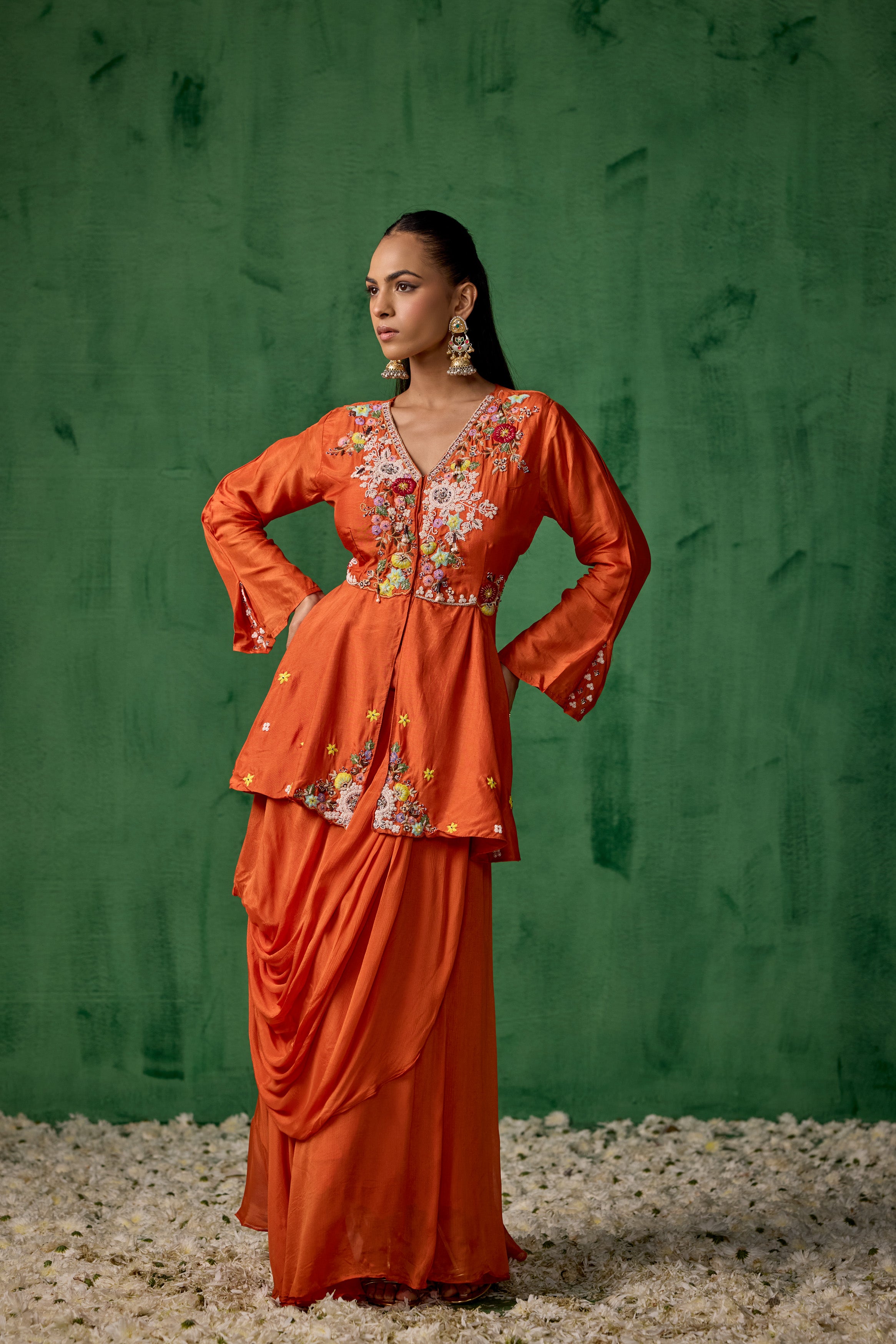 Bright Orange Embellished Premium Silk Skirt Set