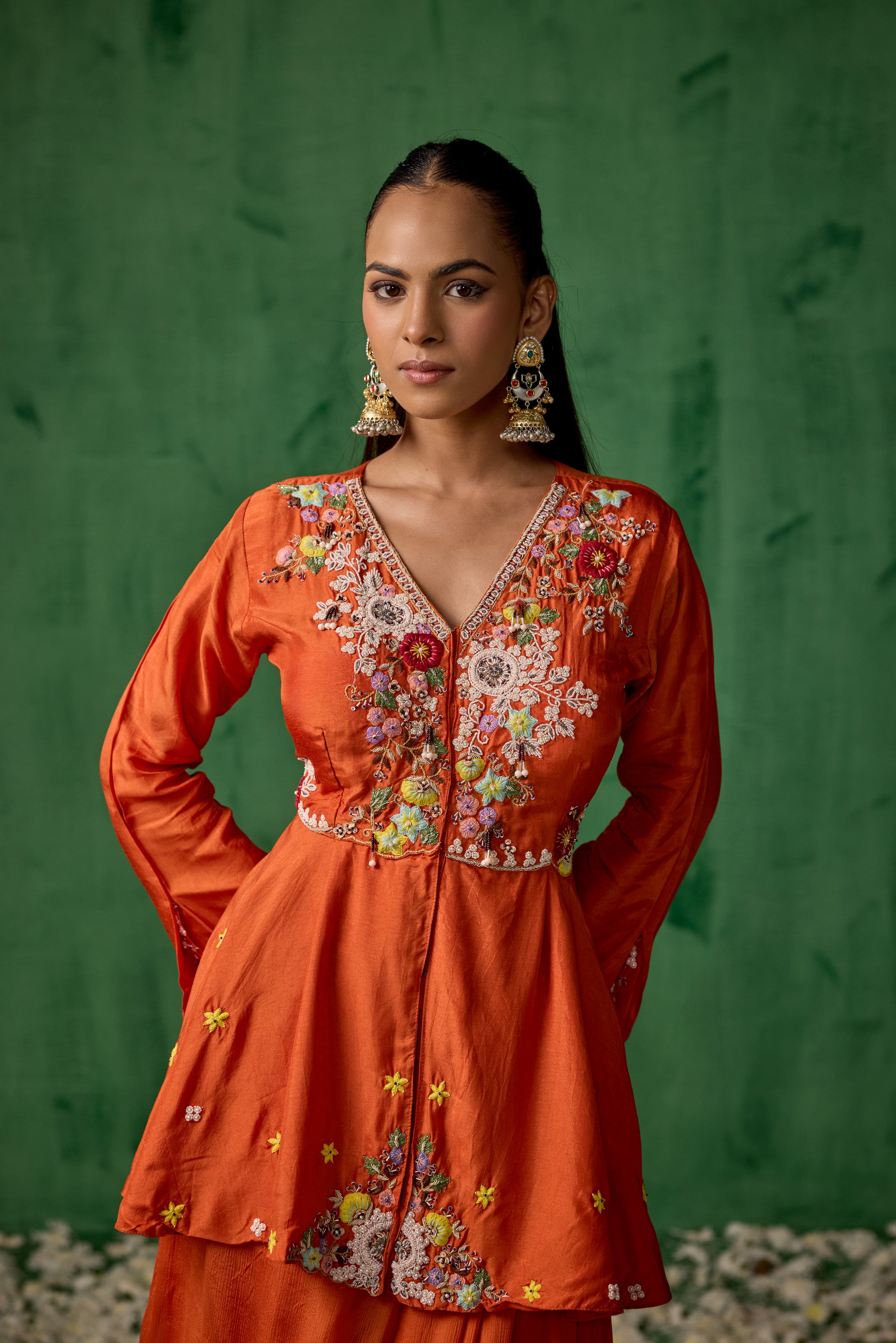 Bright Orange Embellished Premium Silk Skirt Set