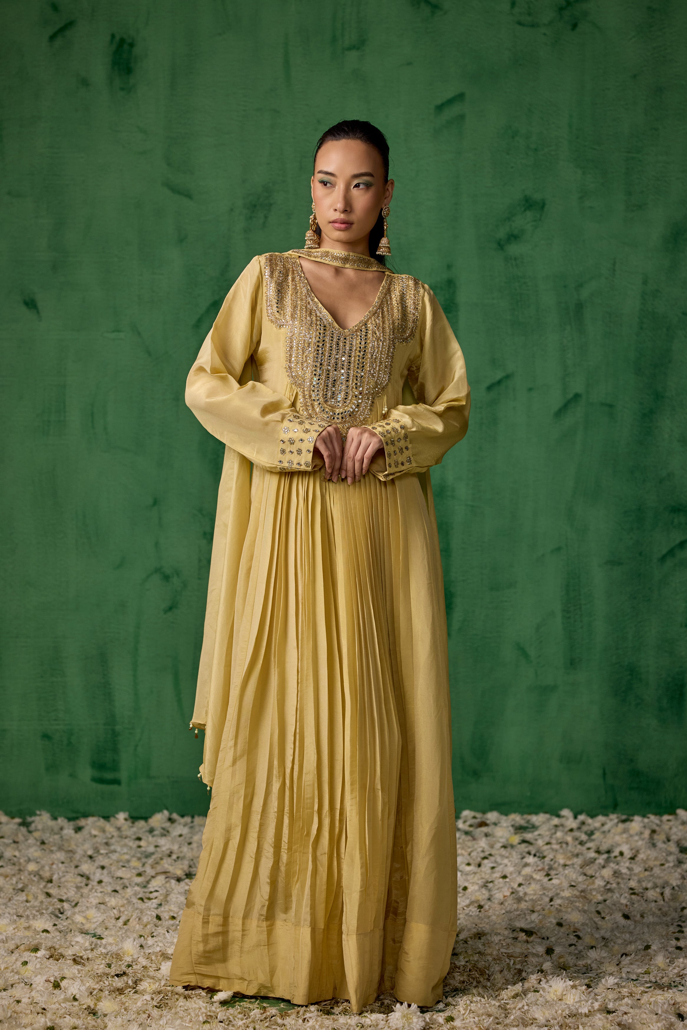 Beige Embellished Shimmer Organza Silk Anarkali Set