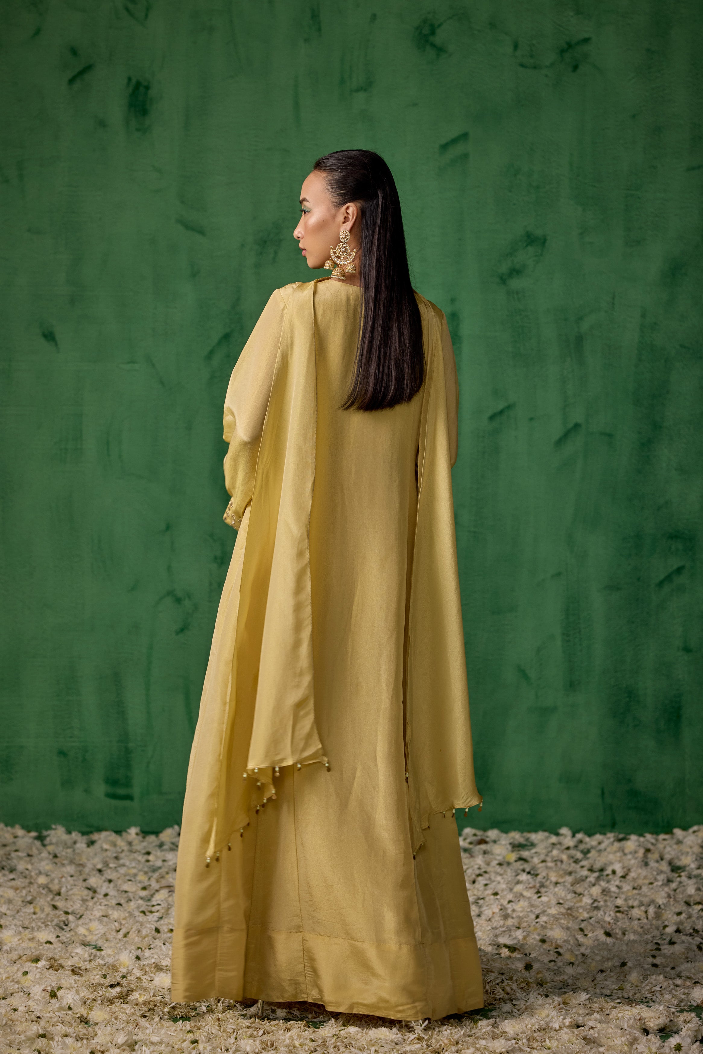 Beige Embellished Shimmer Organza Silk Anarkali Set