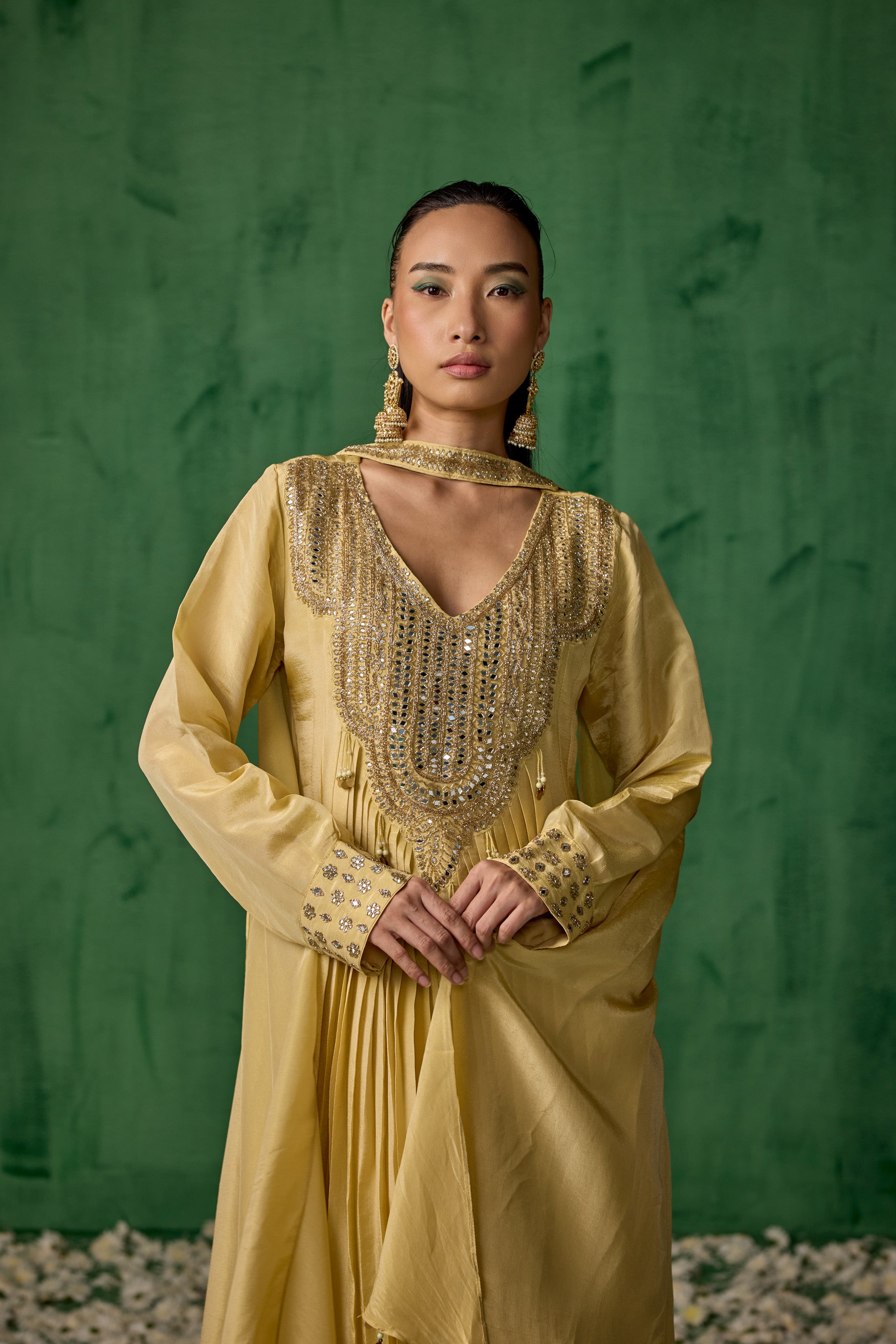 Beige Embellished Shimmer Organza Silk Anarkali Set