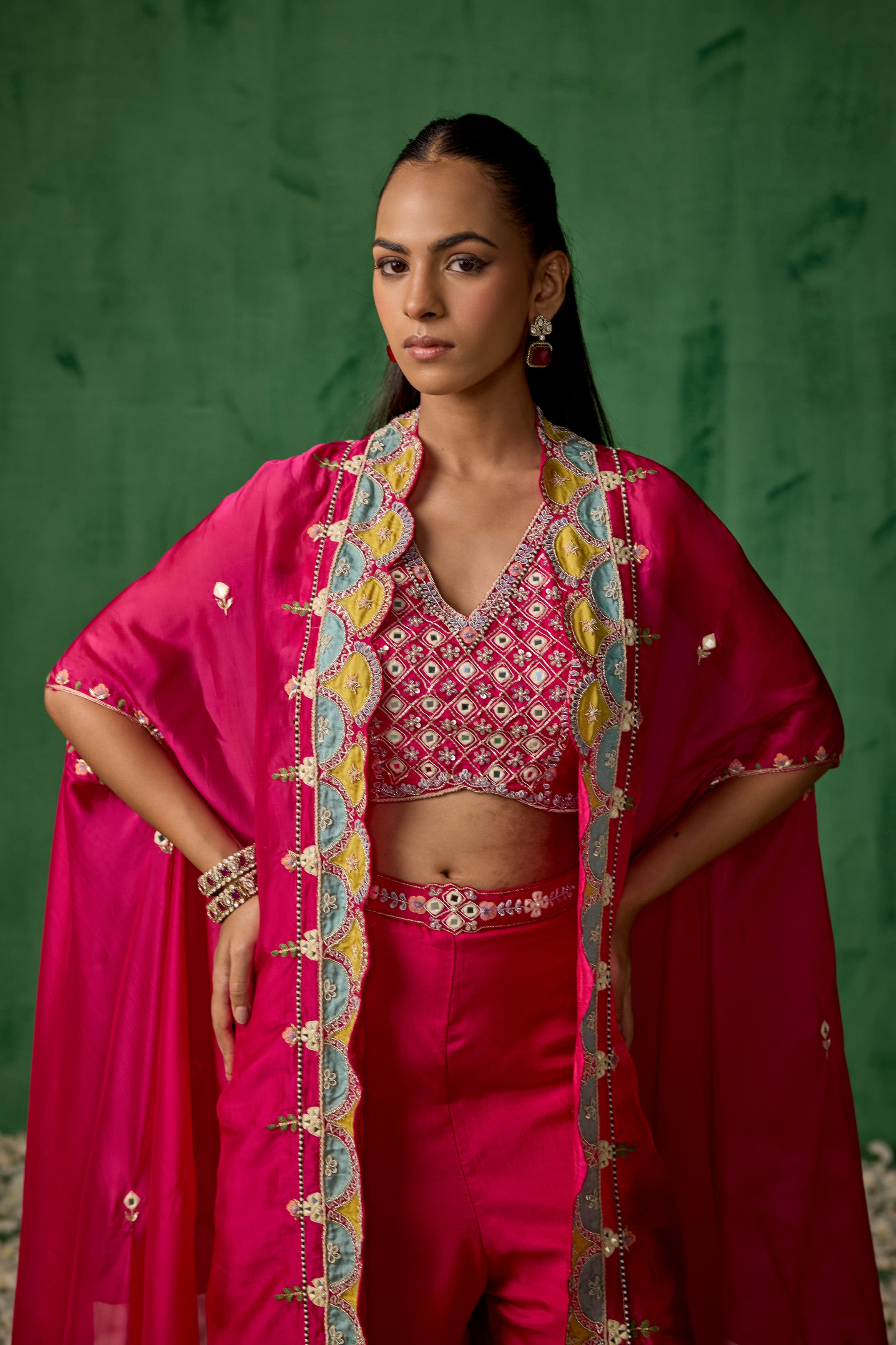Bright Pink Embellished Chinon Silk Cape Set