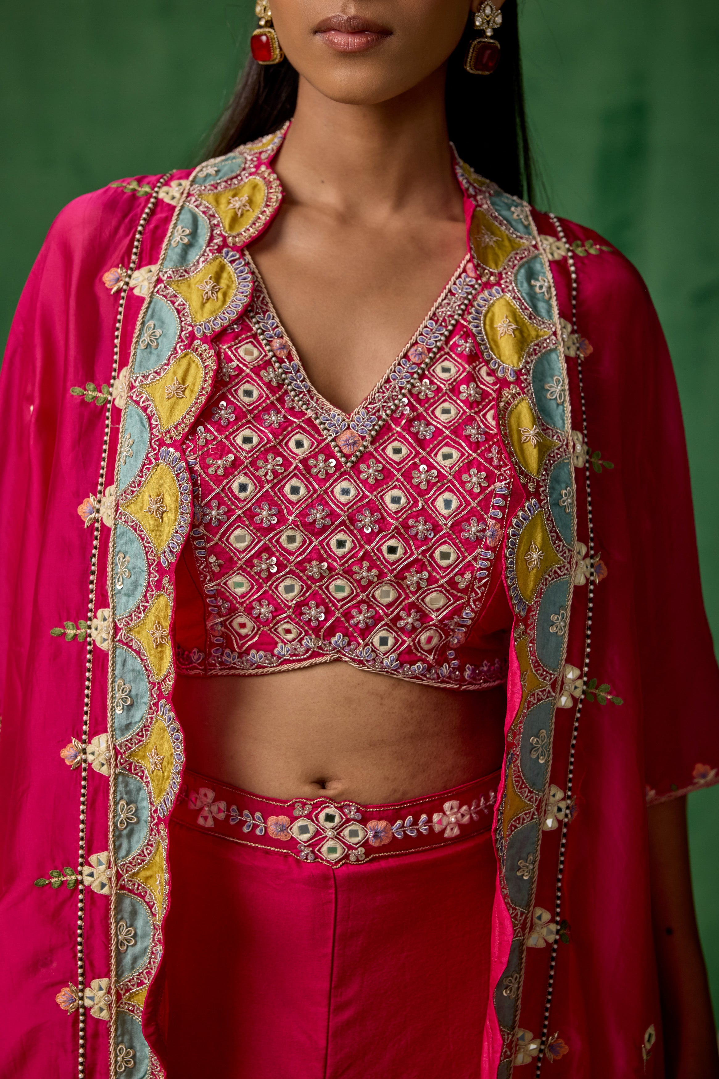 Bright Pink Embellished Chinon Silk Cape Set