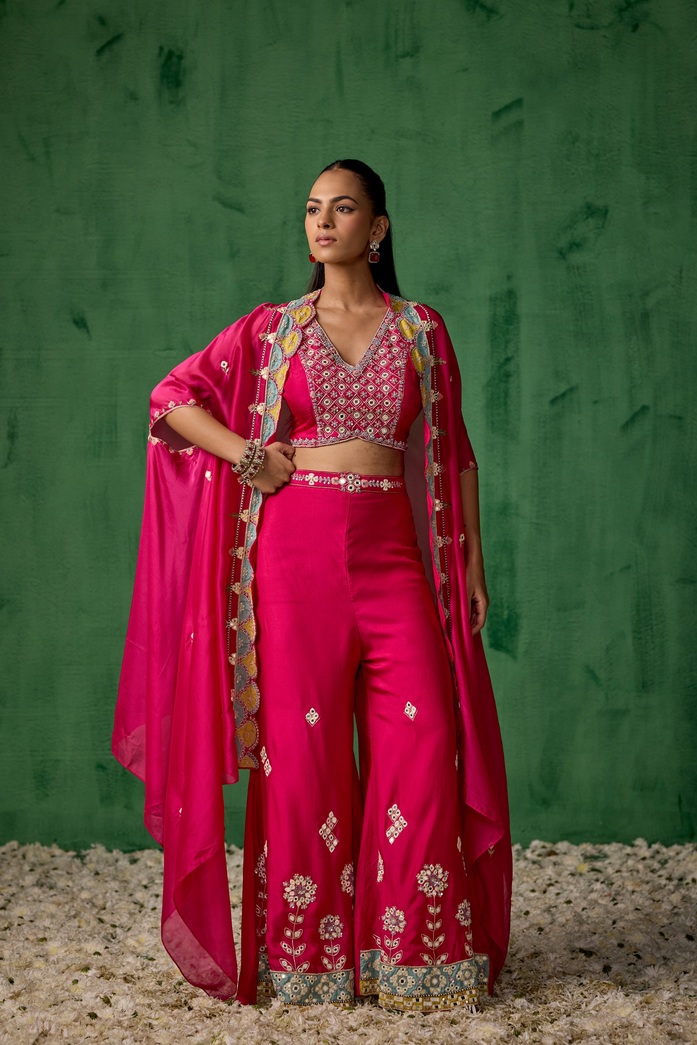 Bright Pink Embellished Chinon Silk Cape Set