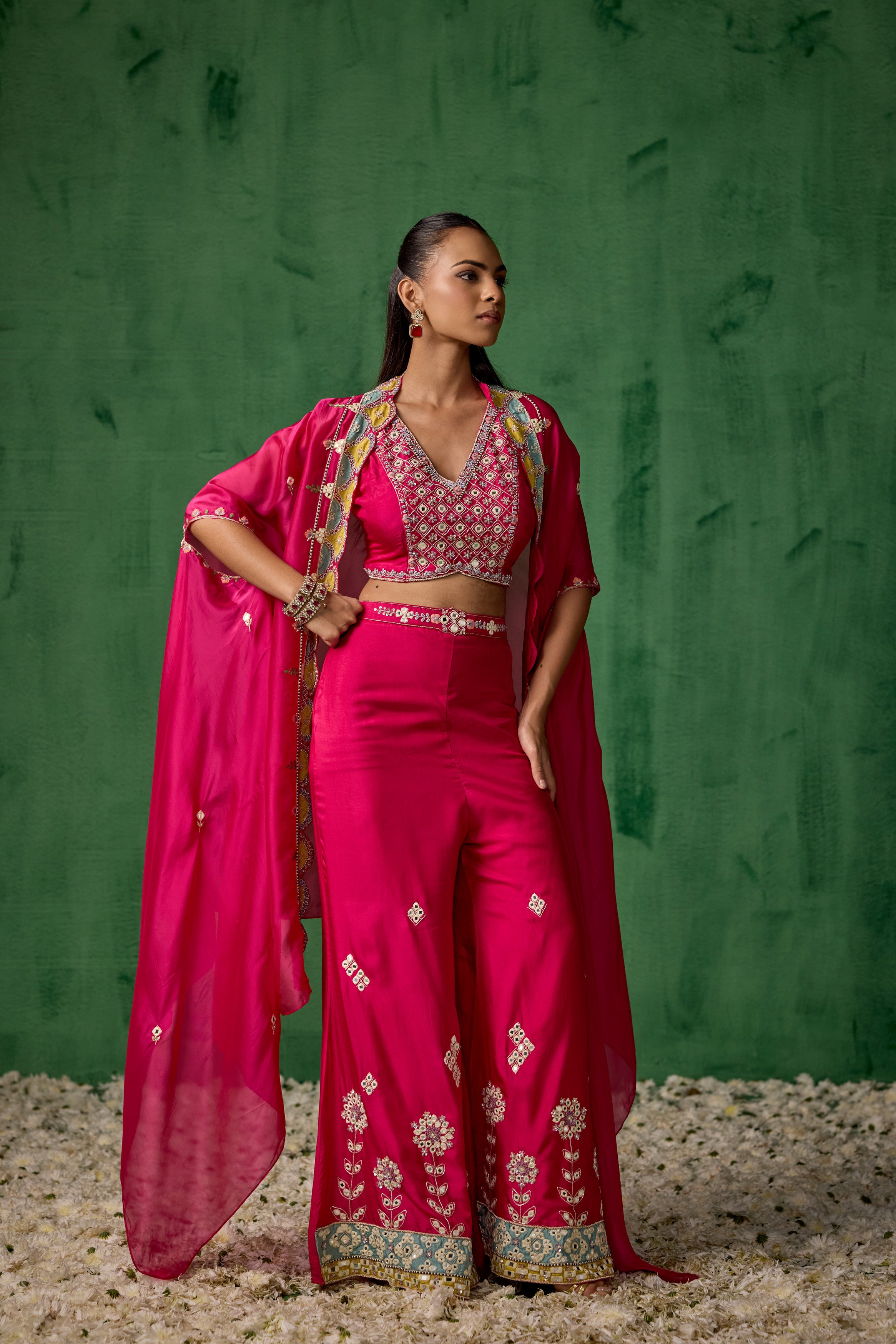 Bright Pink Embellished Chinon Silk Cape Set