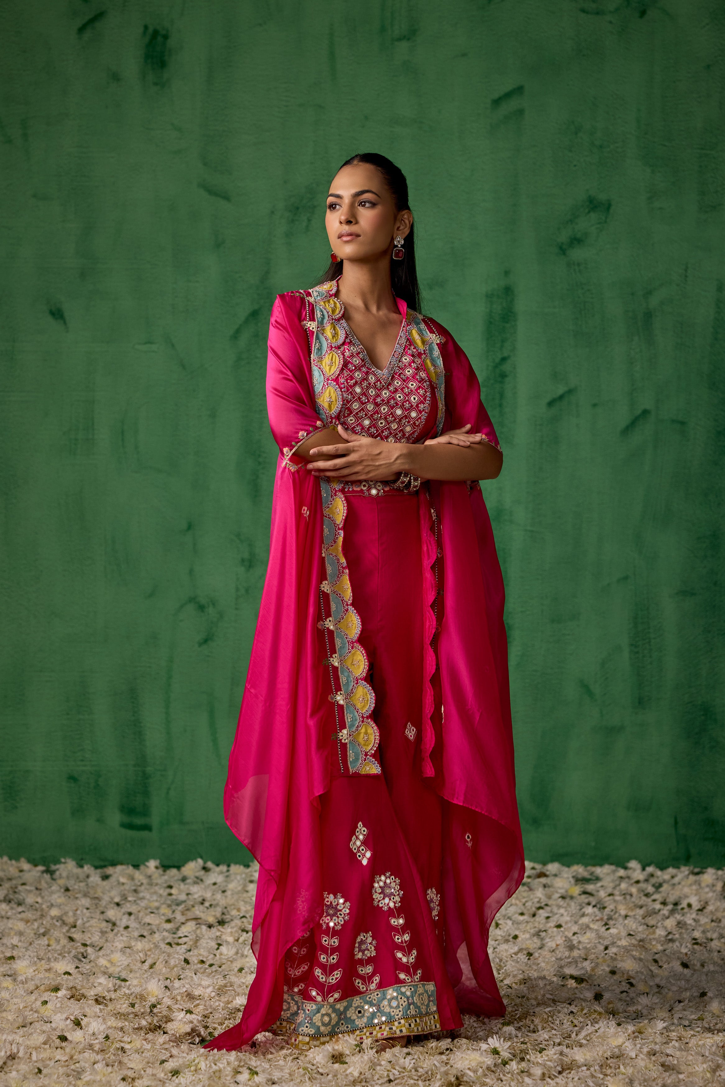 Bright Pink Embellished Chinon Silk Cape Set