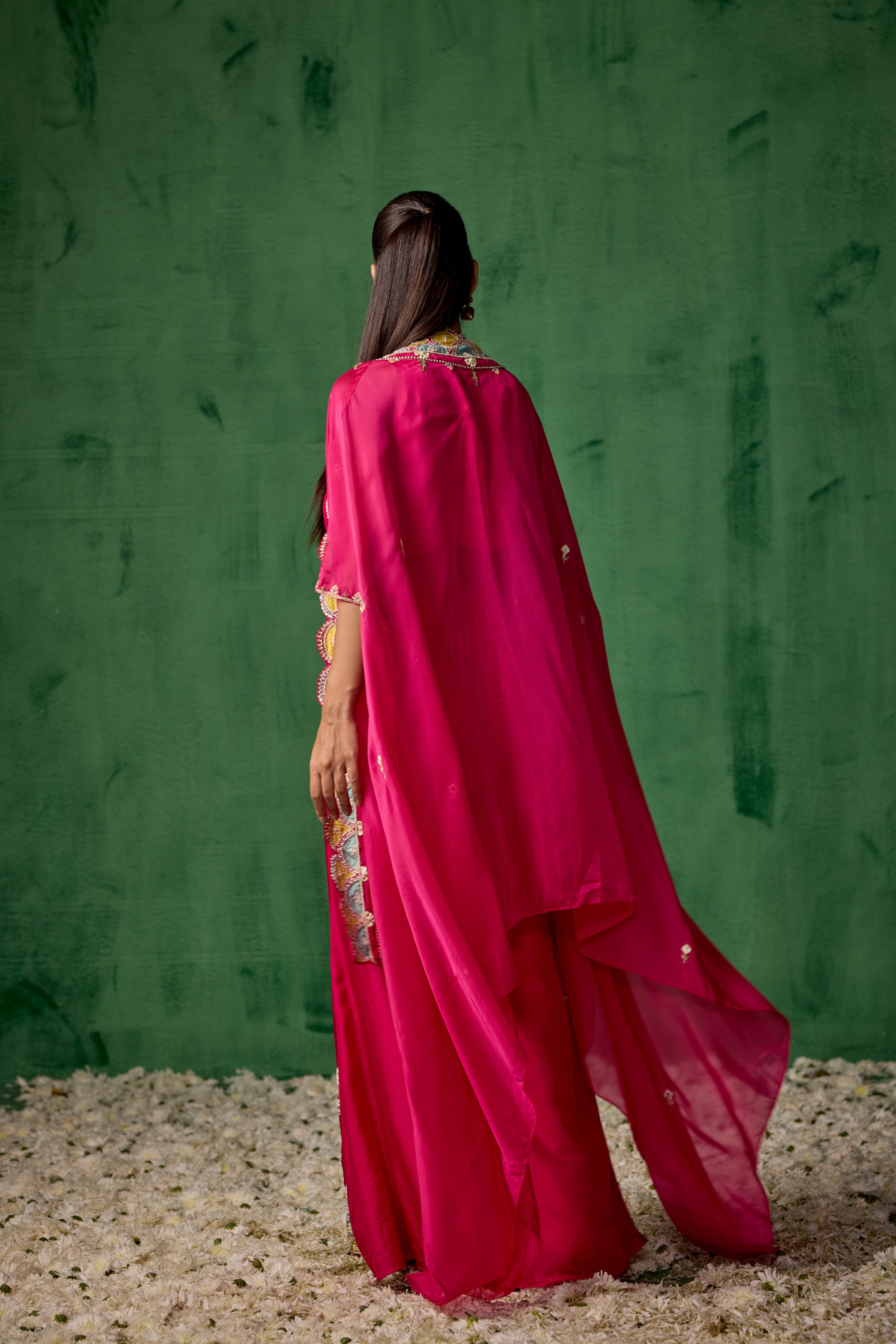 Bright Pink Embellished Chinon Silk Cape Set