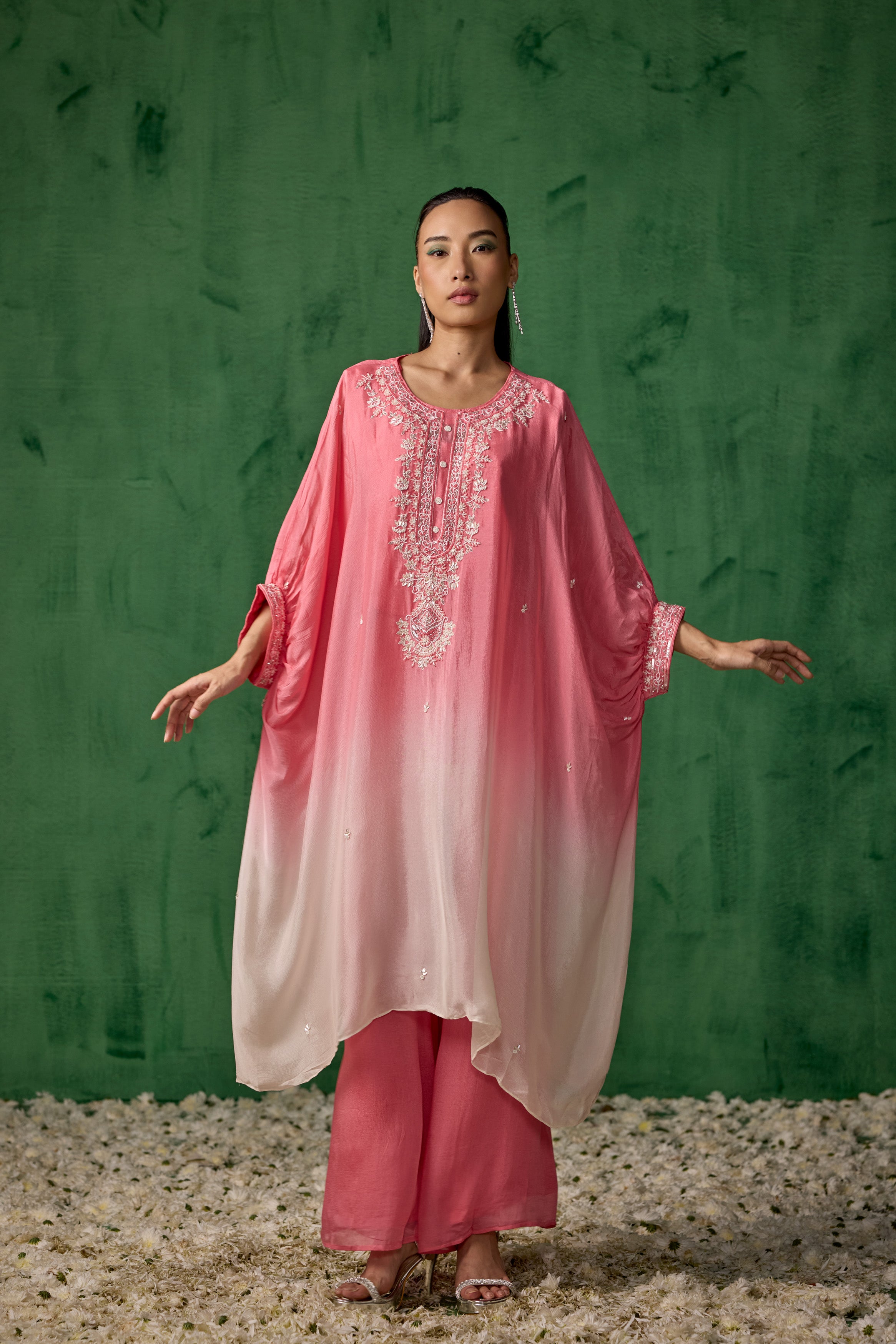 Blush Pink Ombre Embellished Organza Silk Kaftan Set